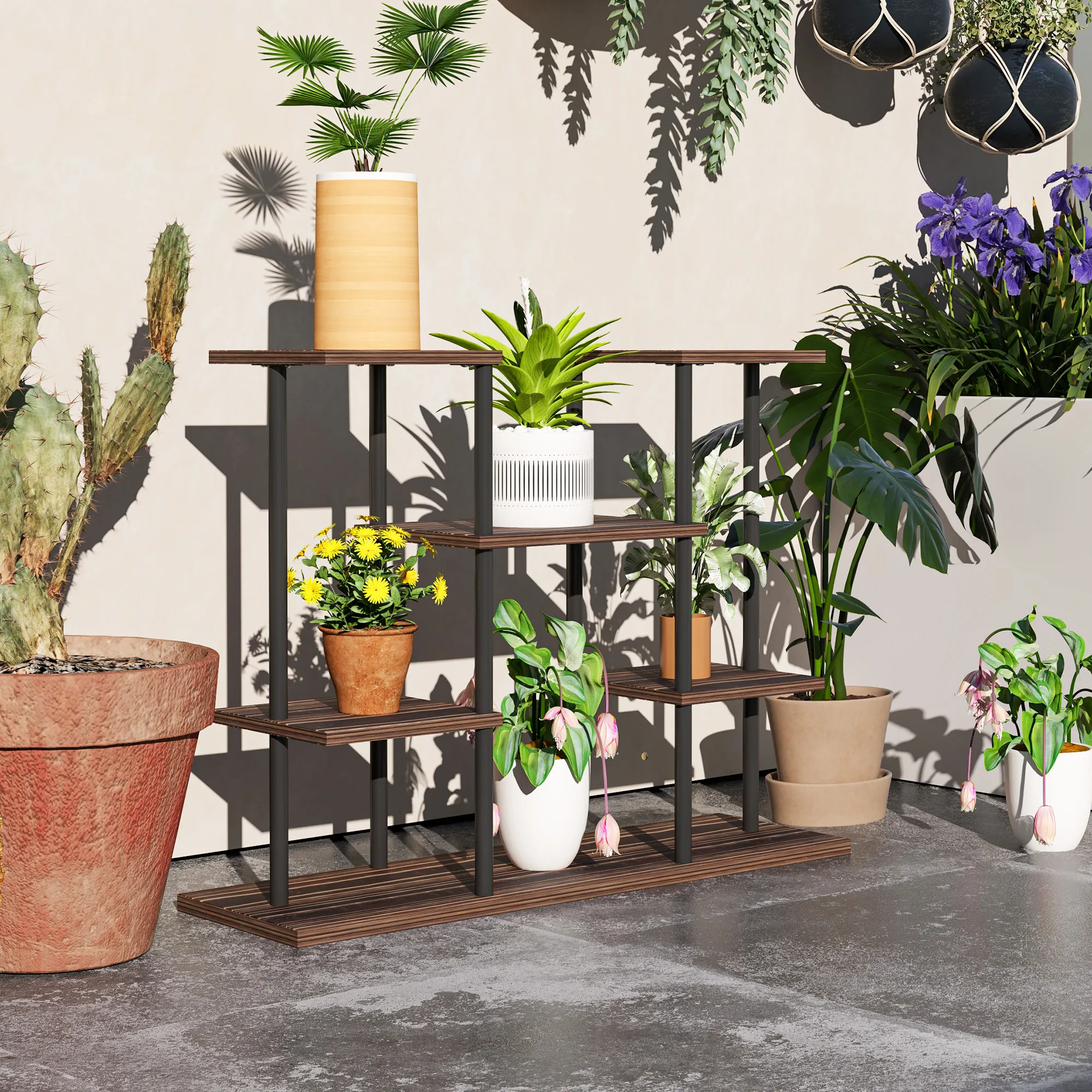 Blumenständer mit 4 Ebenen, 4-stufiger Pflanzenständer, Blumentopfhalter für drinnen und draußen, Holz, Stahl