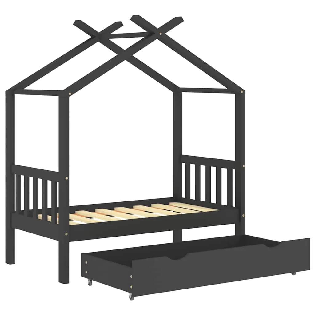 Massivholz Kinderbett Baumhaus mit Schublade 146x77x160 cm Dunkelgrau