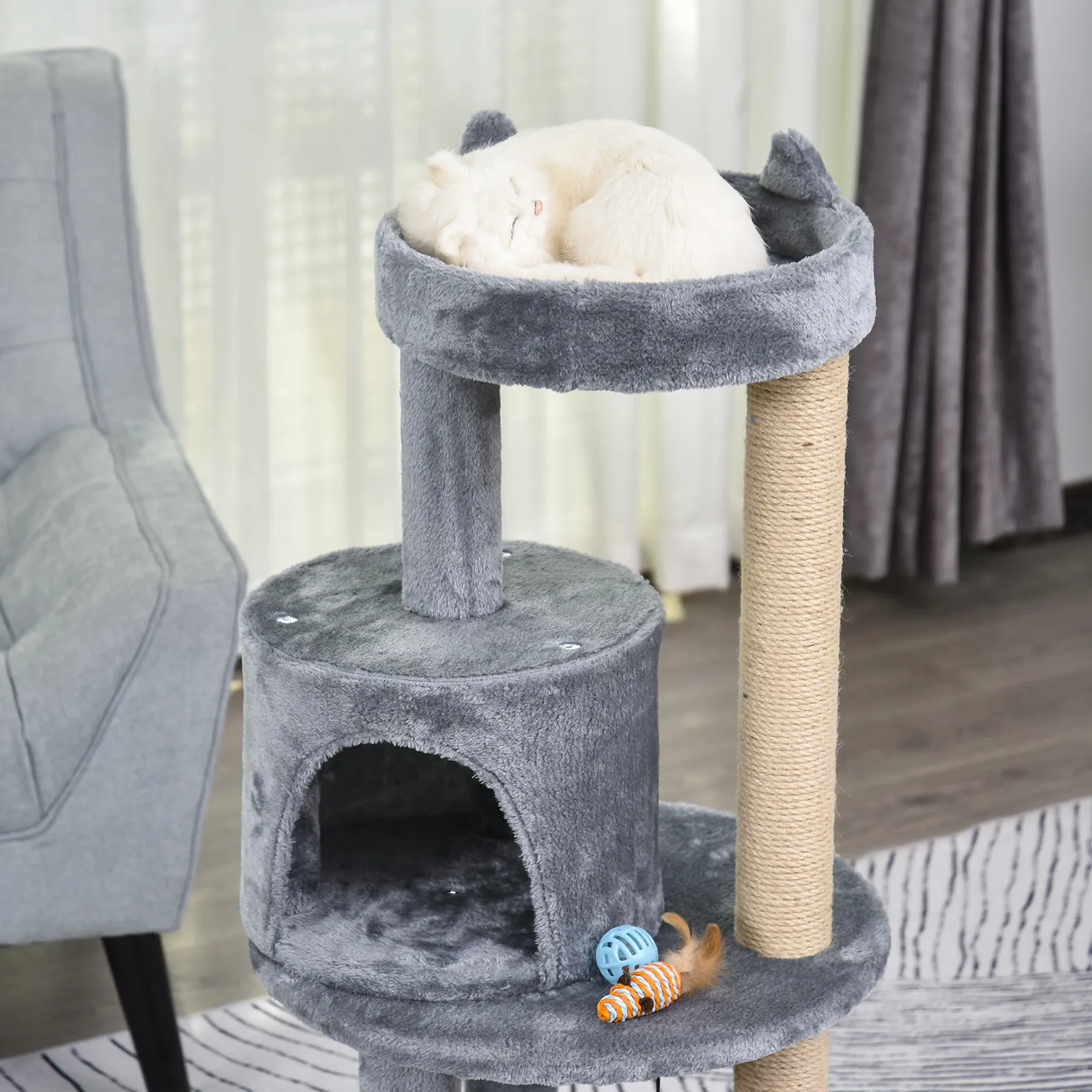 Katzenbaum 4-Stock Katzenhöhle Katzenhaus mit Spielbällen Sitzstange Sisalsäule und Kratzbrett groß stabil luxuriös Sisal Plüsch Grau 48x48x104 cm
