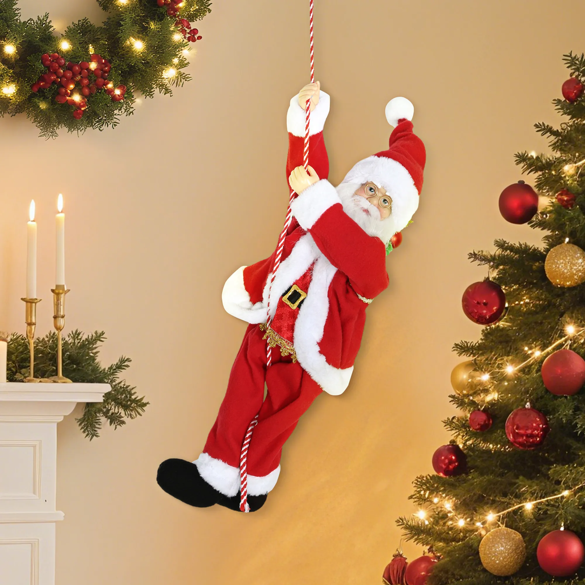 Weihnachtsmann 60 cm Singend und Kletternd Weihnachtsmann mit Geschenk Seil Soundfunktion Indoor, Rot
