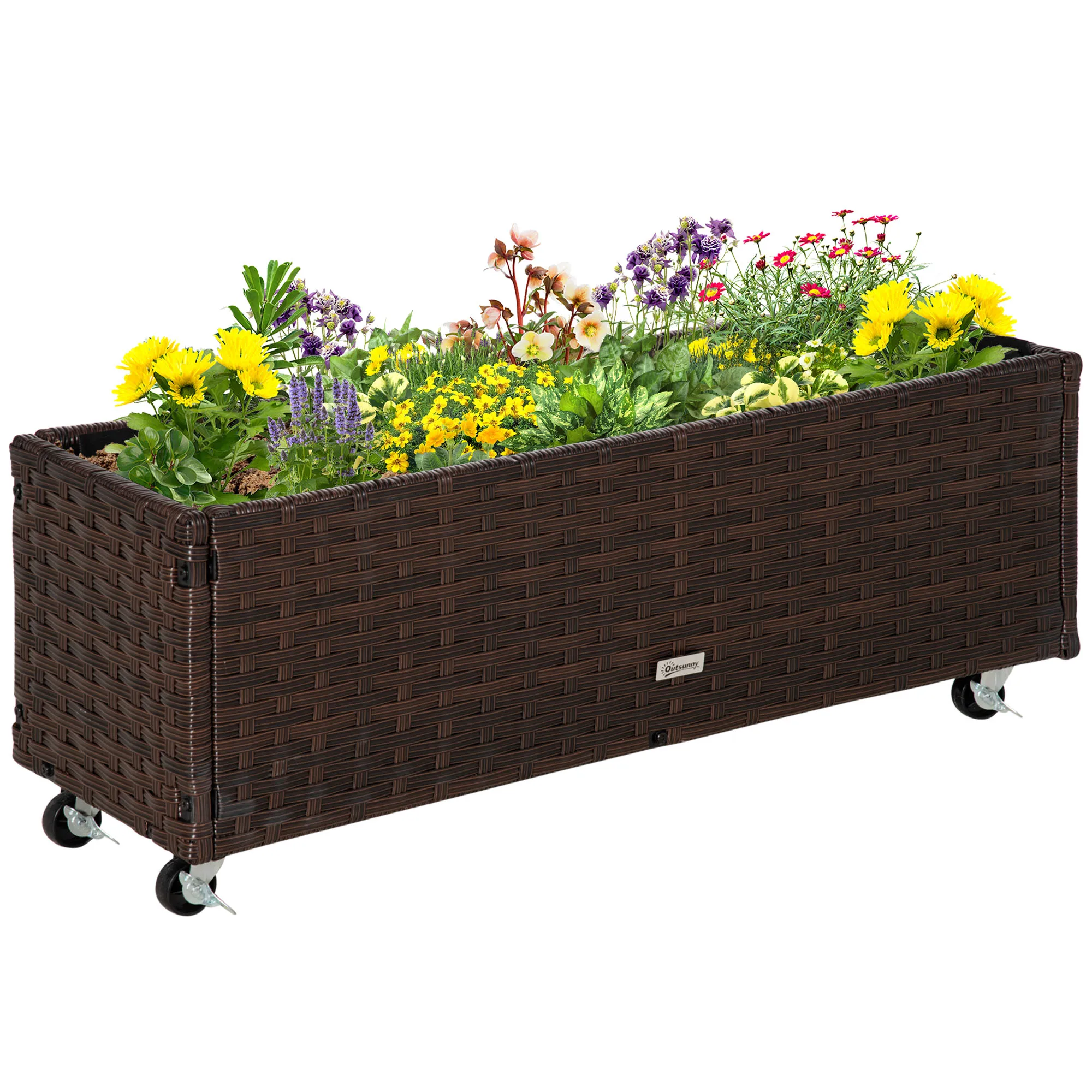 Hochbeet Poly Rattan mit Rollen Pflanzkasten mit Abflusslöchern Blumenkasten Blumenkübel Kaffee-Braun 94,5 x 31 x 36 cm