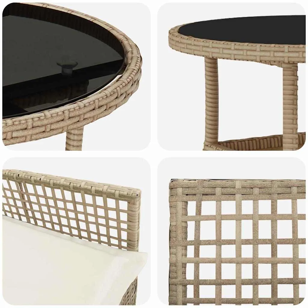 Garten-Esszimmer-Set Poly-Rattan Beige mit 1 Tisch, 2 Stühlen, 2 Kissen