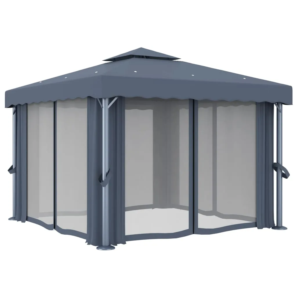 Pavillon 3x3 m Anthrazit mit Doppeldach und Solar-Lichterkette