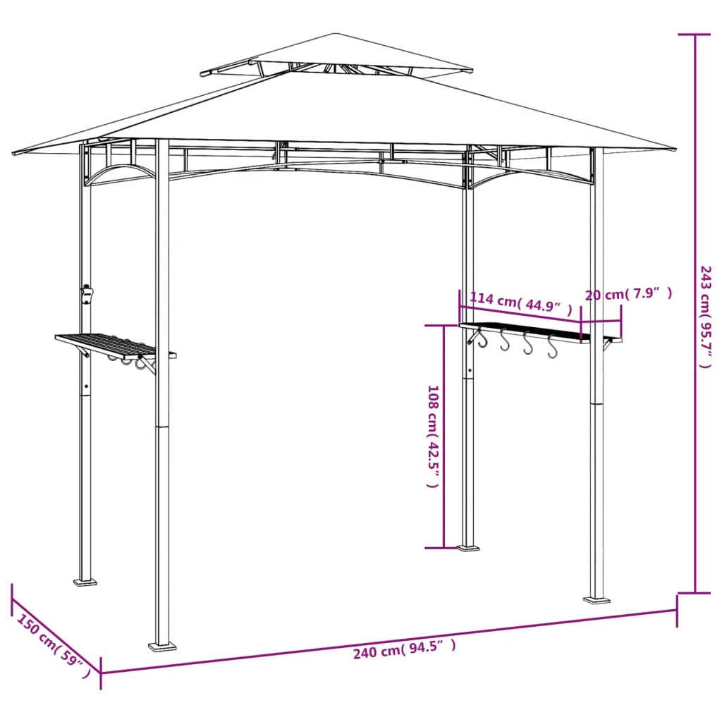 Grillpavillon Anthrazit 240x150x243 cm mit Stahlrahmen und Polyester-Dach