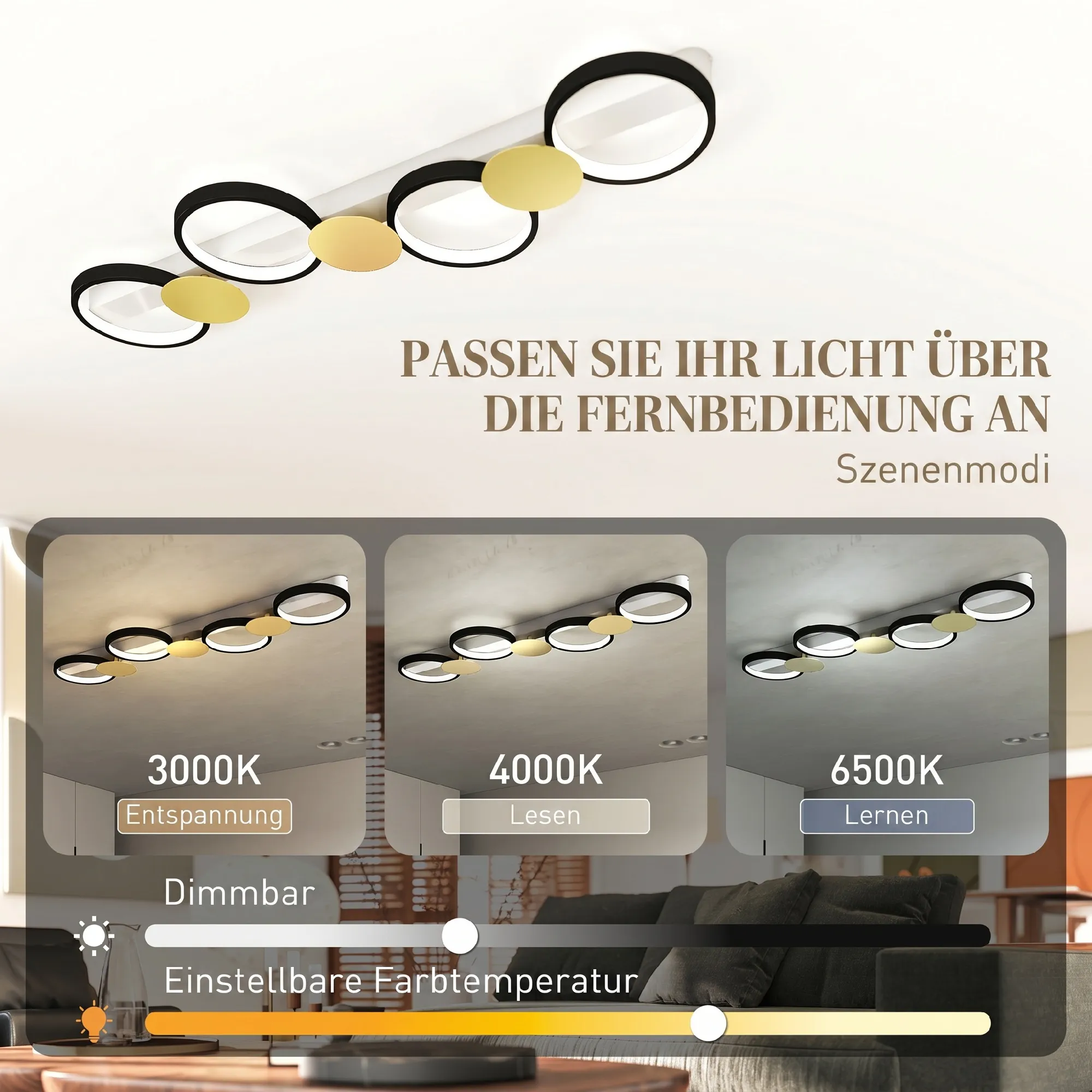 LED Deckenleuchte 100cm mit Fernbedienung, Schwarz-Gold, 38W