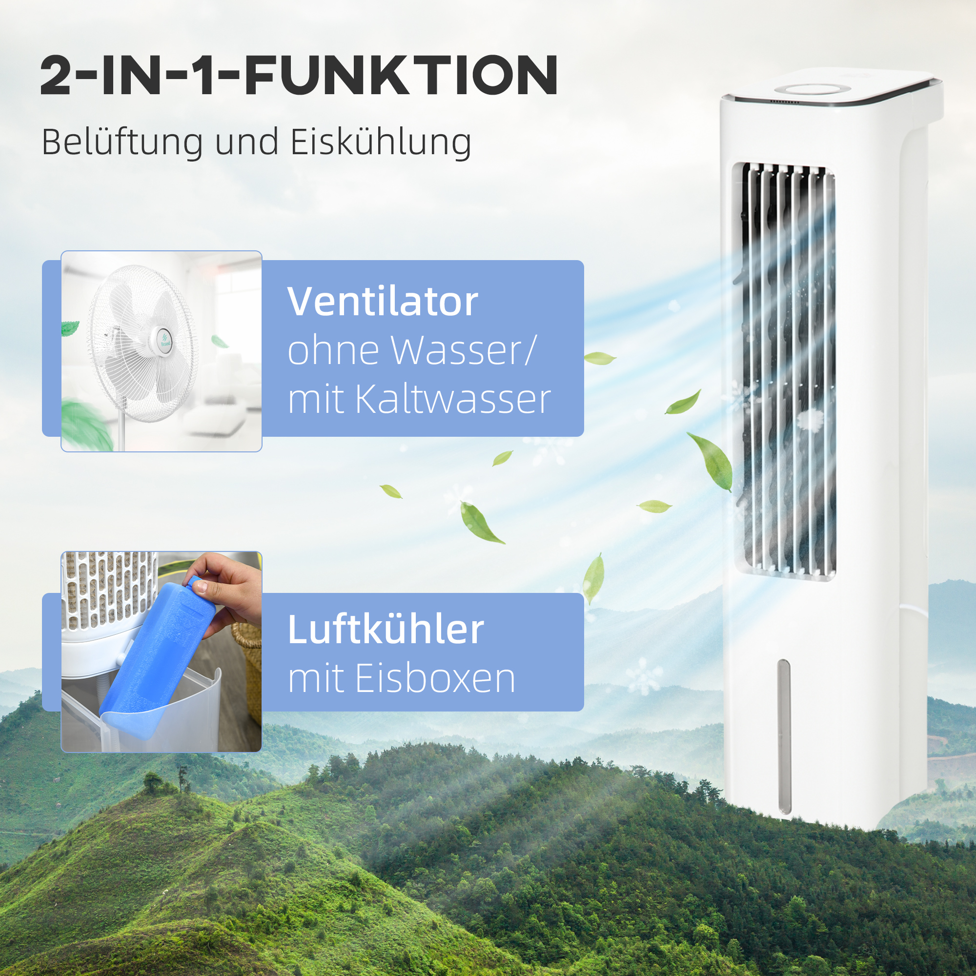 2 in 1 Luftkühler mit Wasserkühlung 5L Wassertank, 12h Timer, für 20 ㎡