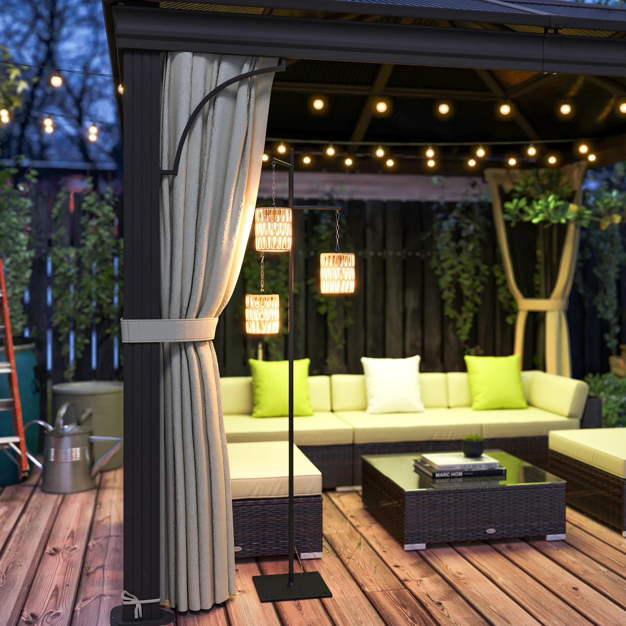Solar Stehlampe Rattan Boho-Stil 3-flammig IP44 Gelb-Schwarz