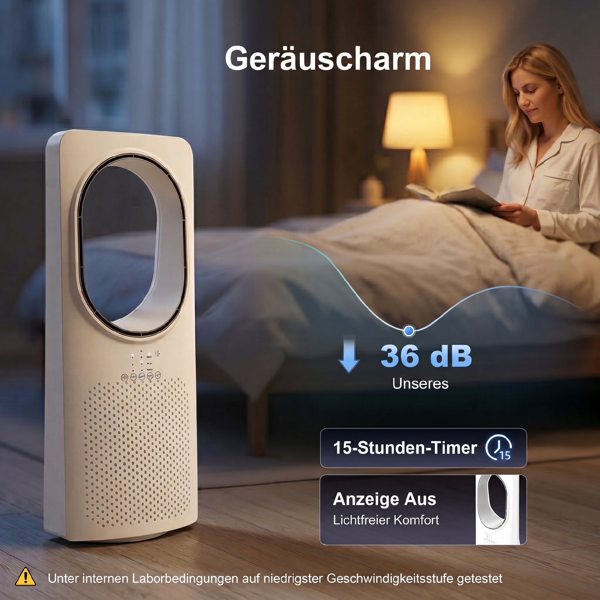 Bladeless Turmventilator für Schlafzimmer, 36 dB Standventilator mit 45° Oszillation, 3 Geschwindigkeiten, 3 Modi, 15-Stunden-Timer, Weiß