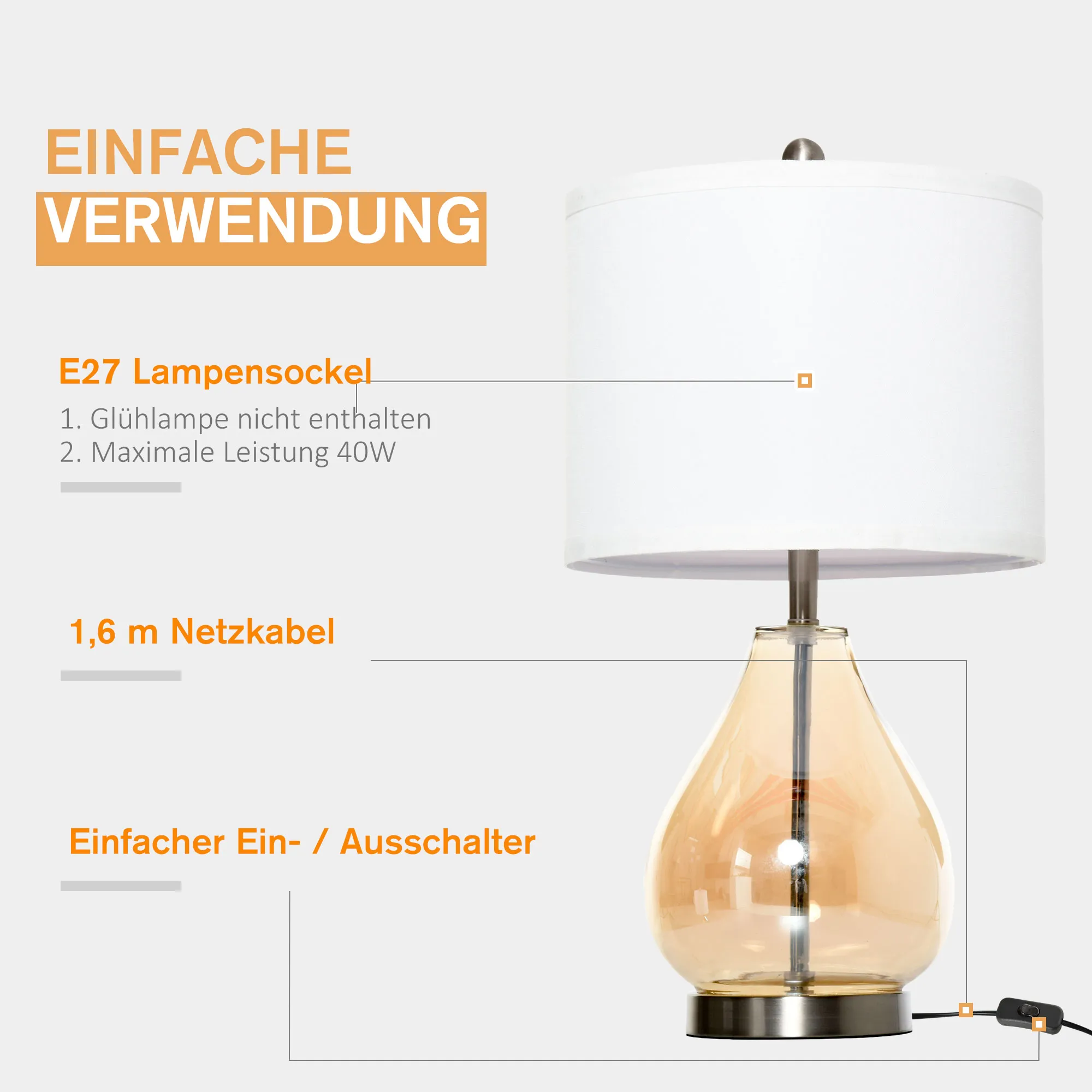 Tischlampe 2er-Set mit Leinen-Lampenschirm, Glas, Weiß, 56 cm