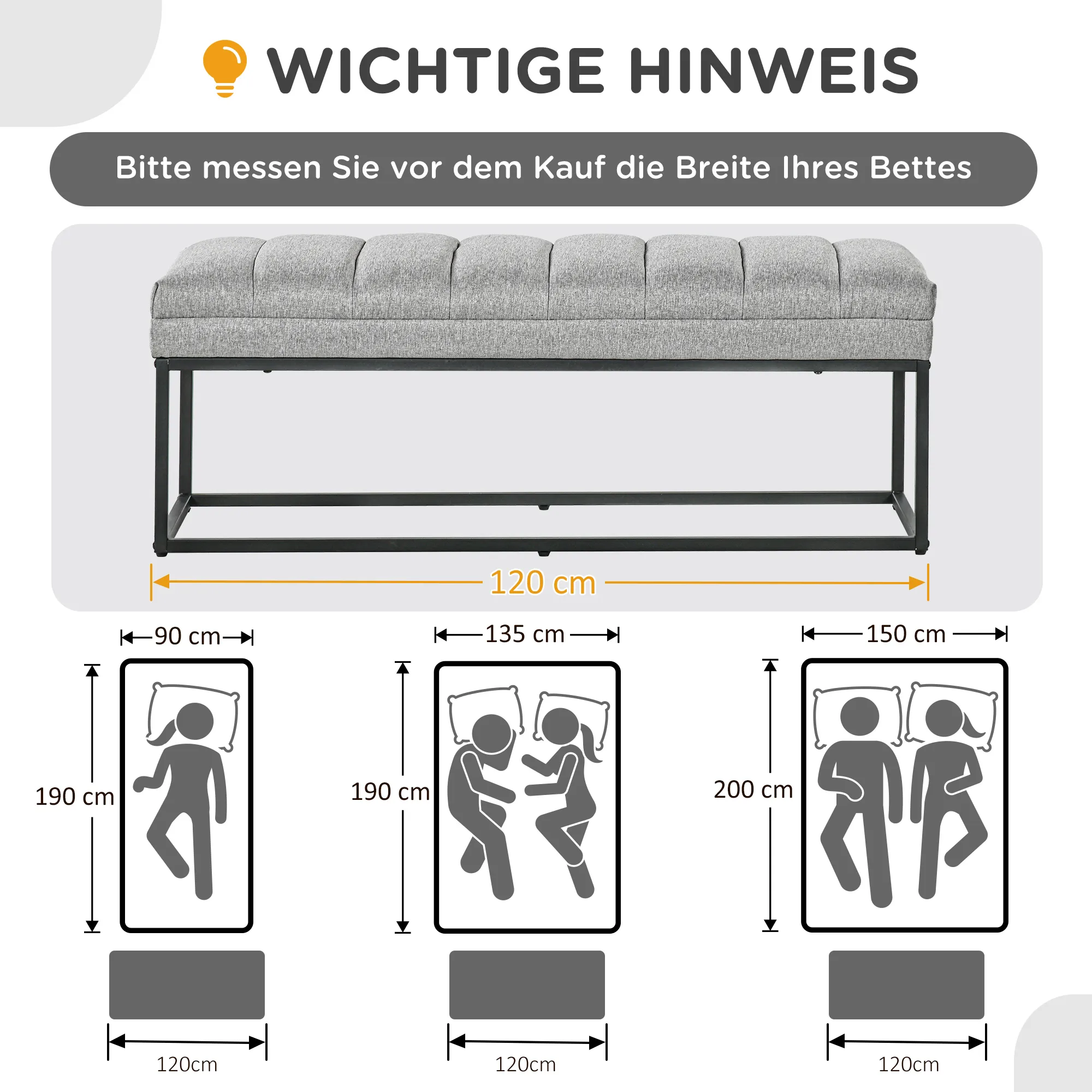 Elegante Sitzbank 120x44x45,5 cm in Hellgrau