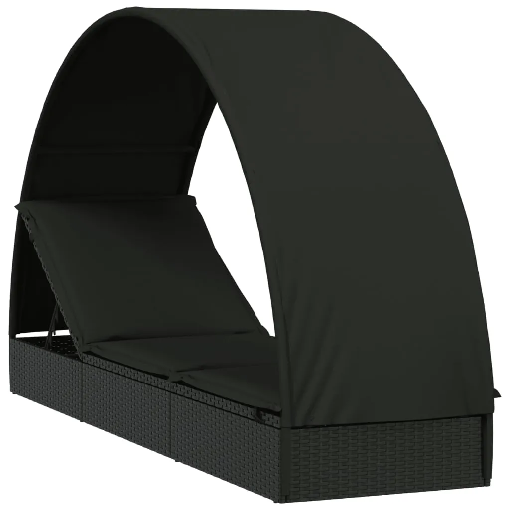 Sonnenliege mit Dach 211x57x140 cm Schwarz aus PE-Rattan und Stahl