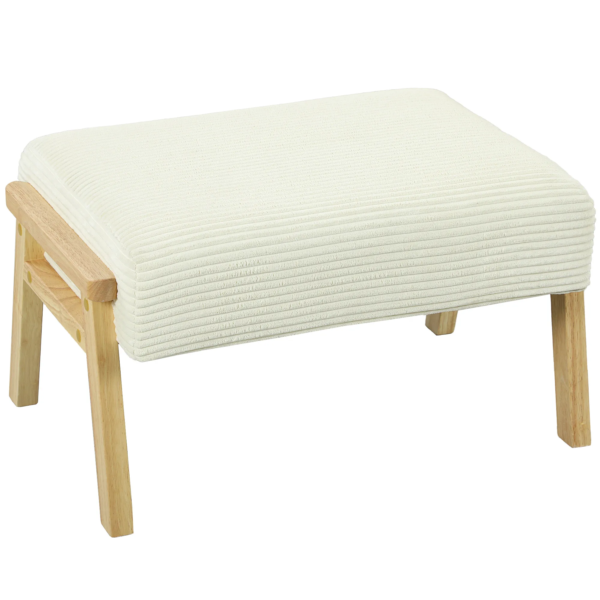 Sitzhocker Hocker mit weichem Sitzkissen Holzbeinen Fußhocker mit Cordoptik Cremeweiß