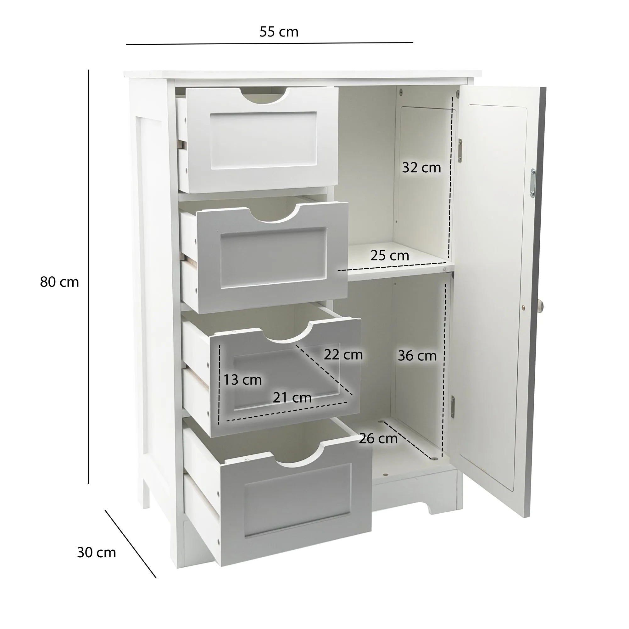 schmaler Badschrank 55x80 cm mit Wiener Geflecht – Badezimmerschrank mit Tür und 4 Schubladen – Badregal aus lackiertem MDF – Badezimmerregal modern – Aufbewahrungsschrank Bad Badezimmer