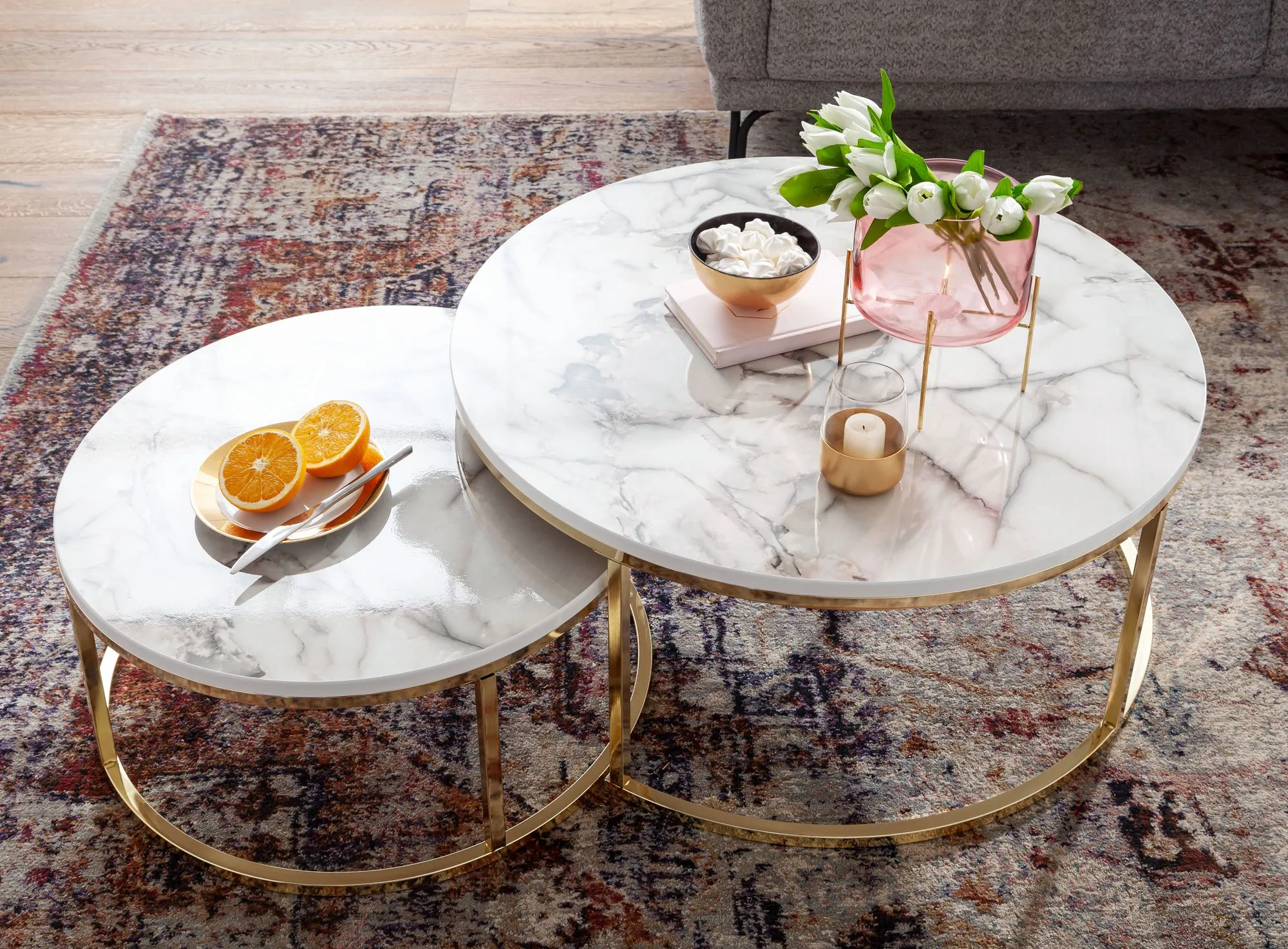 WOHNLING Couchtisch 2er Set Weiß Gold Marmor Optik Sofatisch Rund Modern Wohnzimmertische
