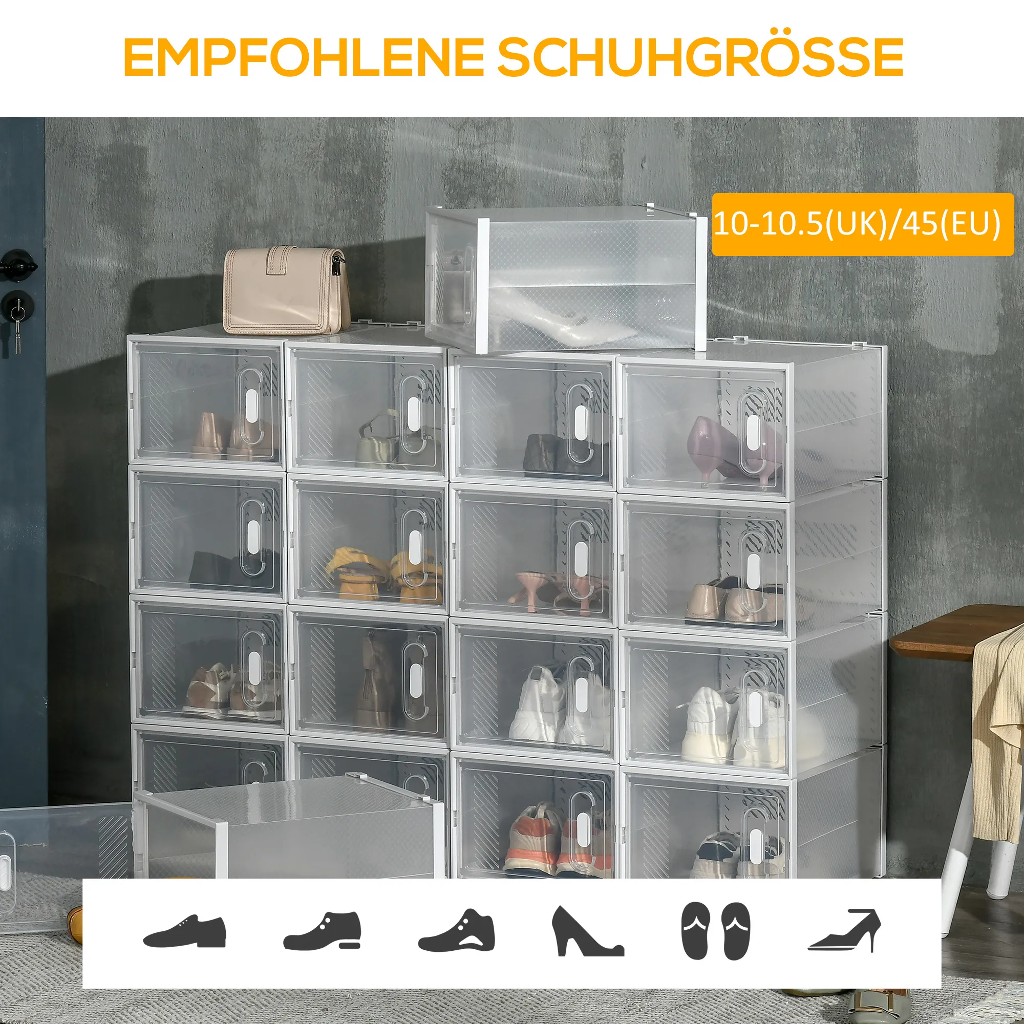 18-teiliges Schuhregal, stapelbare Schuhboxen für Schuhe bis Größe 45, magnetische Türen, Kunststoff, 28 x 36 x 21 cm