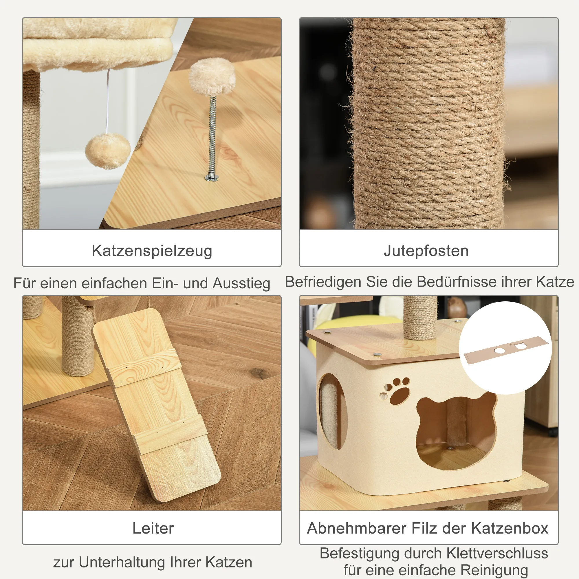 Kratzbaum Katzenbaum für Katzen Kletterbaum aus Holz mit Katzenhöhle Jutestämmen großer Plattform Spielbälle 130 cm Höhe stabil Plüsch Gelb 60 x 40 x 130 cm