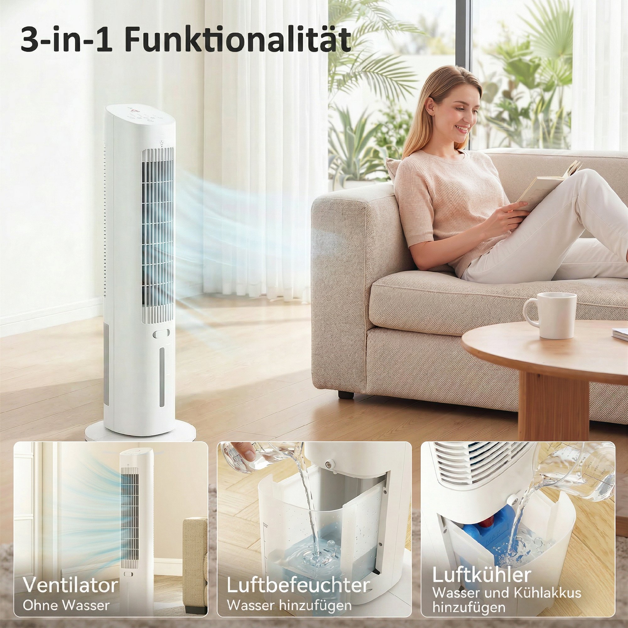 3-in-1 Turm-Luftkühler mit 3-Liter-Wassertank, 3 Geschwindigkeiten und 3 Modi, Weiß