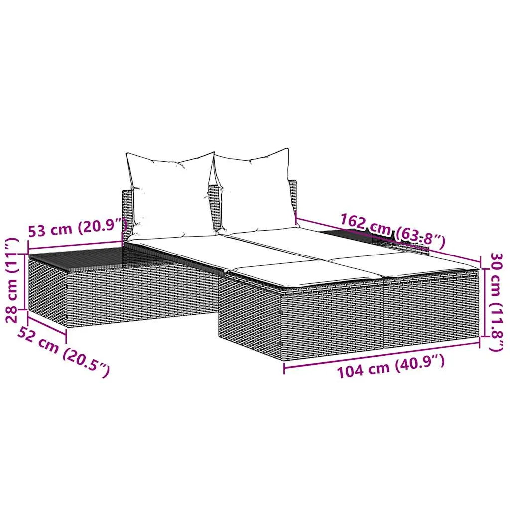 Doppel-Sonnenliege Schwarz 104x162x30 cm mit PE-Rattan und Stahlgestell