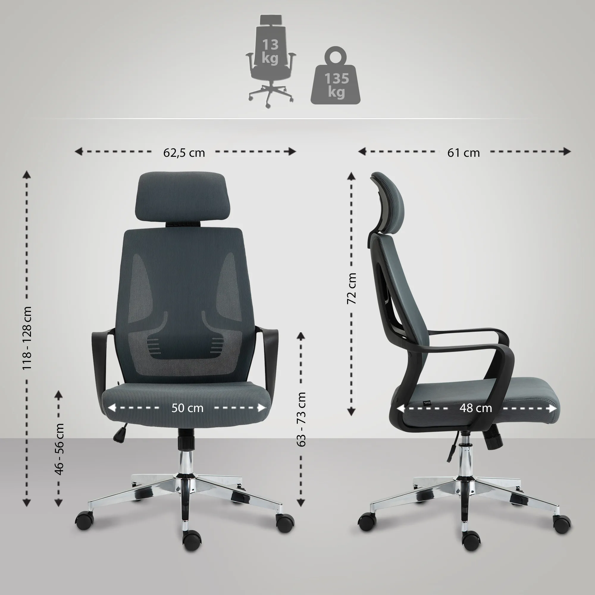 Bürostuhl Kanab 62,5x61x118-128 cm grau