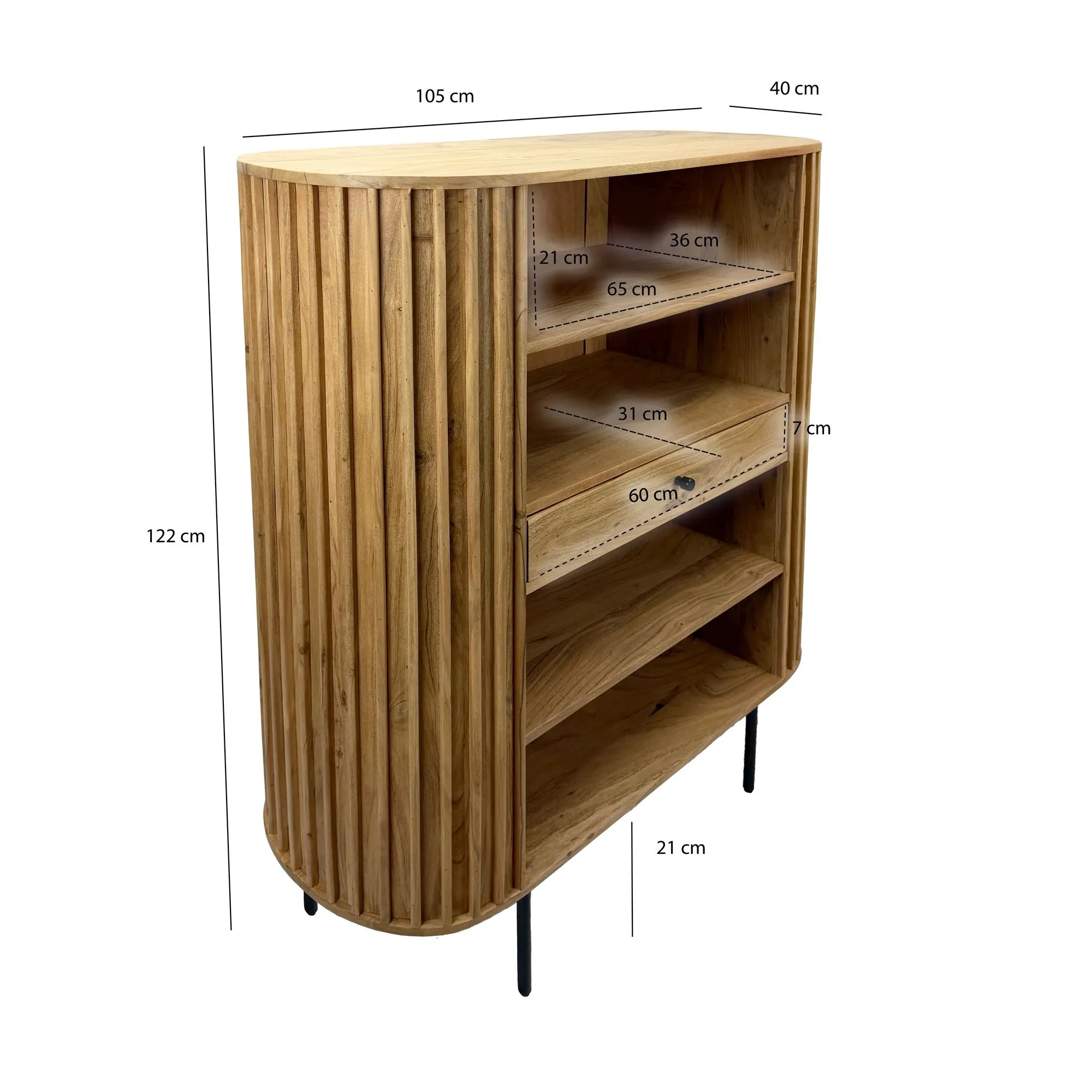 Bücherregal Massivholz Akazie 105x122 cm Lamellen Design - Offenes Standregal mit Schublade - Stauraumregal Metallbeine - Wohnregal Wohnzimmer - Kleiner Schrank Regal Handmade