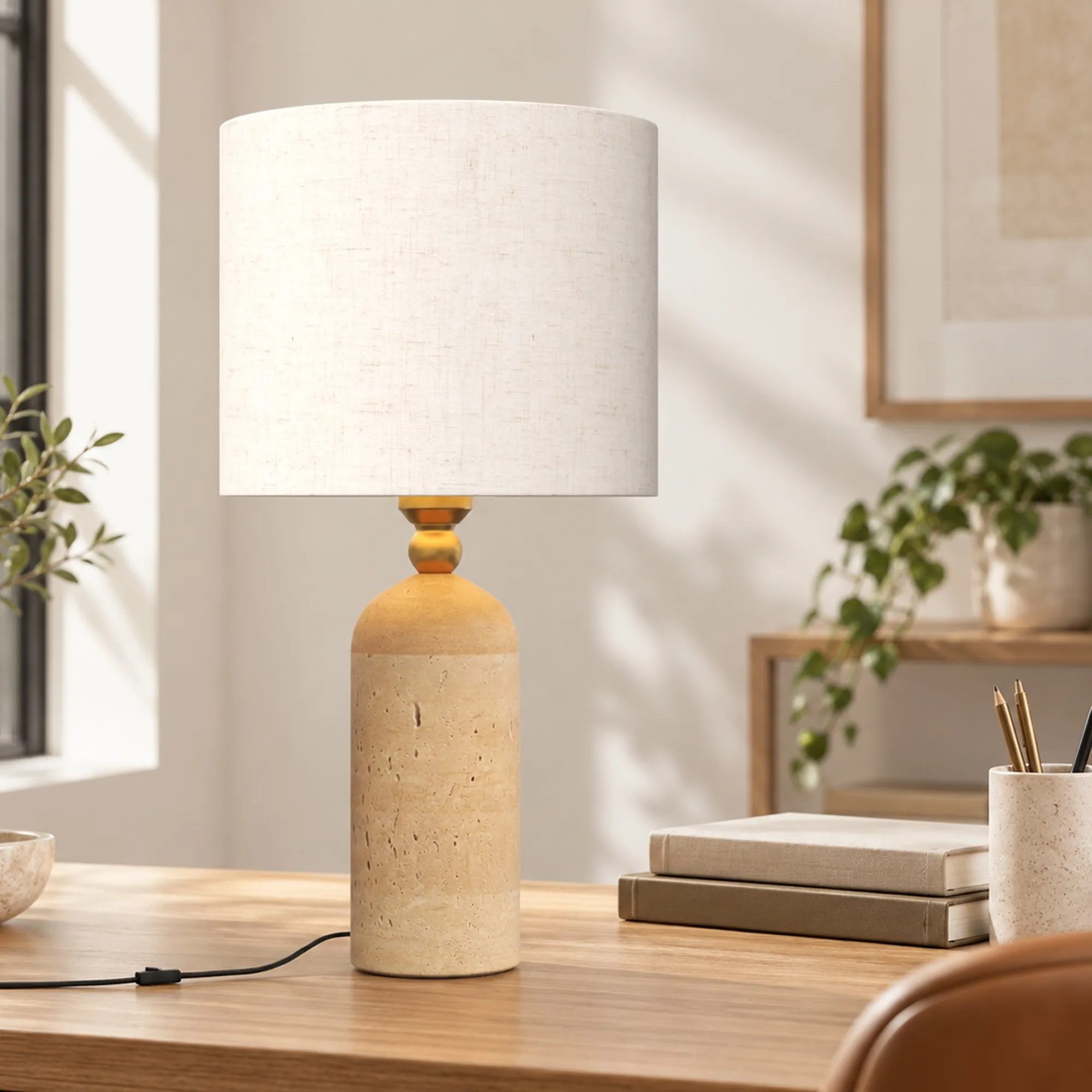 Tischlampe Vintage Travertin Stoffschirm E27 Beige 48 cm