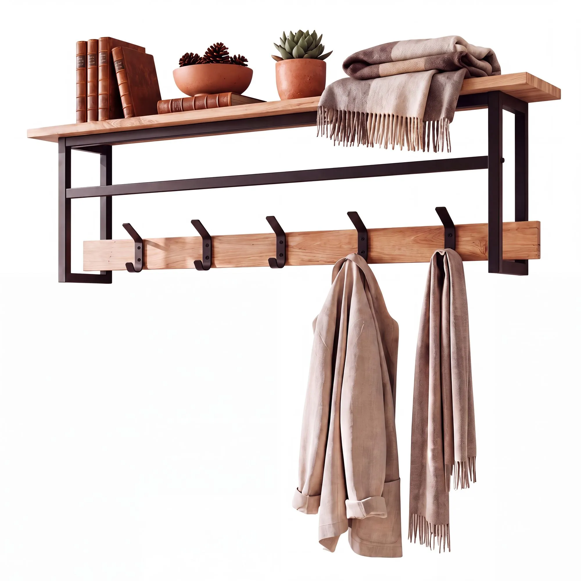 Wandgarderobe Akazie Massivholz 100cm mit Ablage - Modernes Garderobenpaneel Hängegarderobe mit 5 Haken und Kleiderstange - Garderobenleiste Flurgarderobe Massiv Handmade