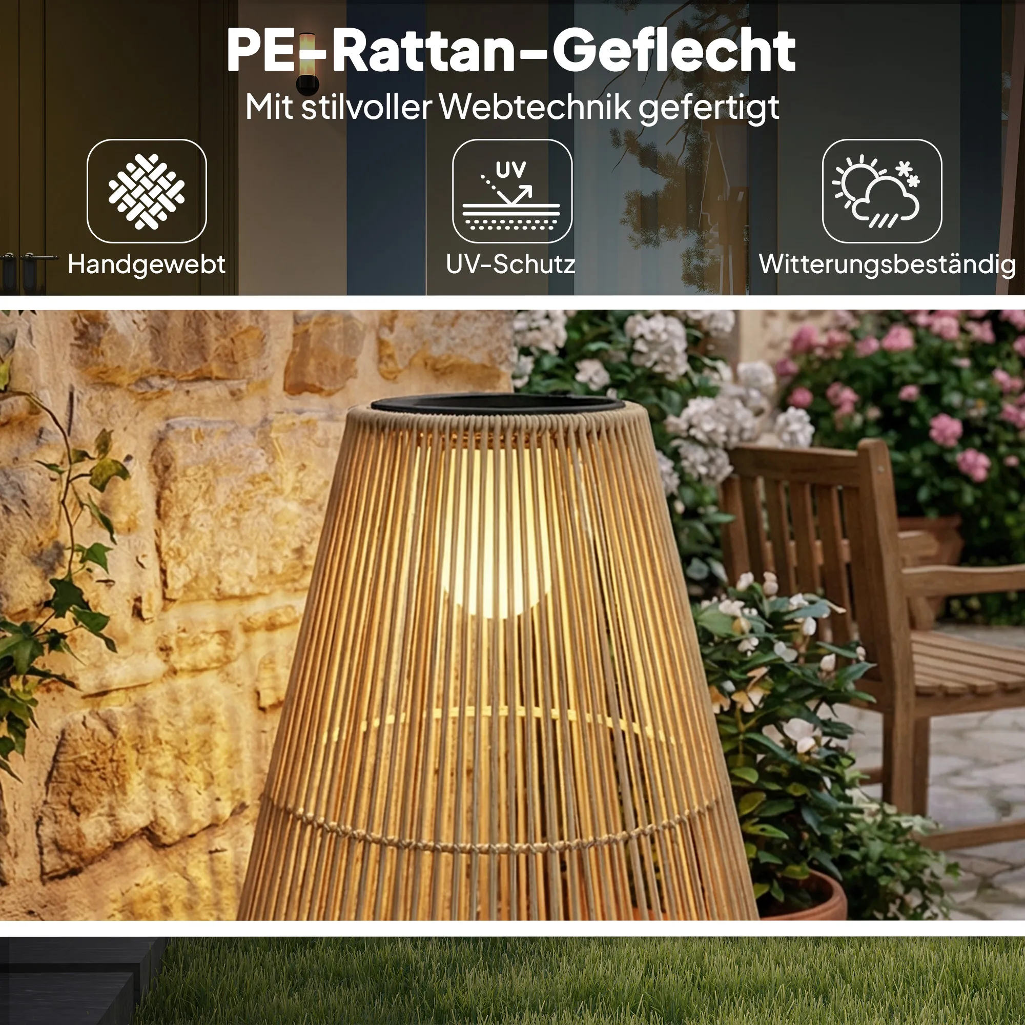 Solar Stehlampe Rattan Boho-Stil IP44 Gelb 35x35x55 cm