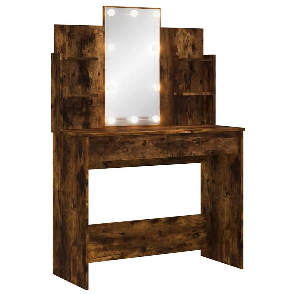 Schminktisch mit Spiegel und LED-Beleuchtung 96x40x142 cm Räuchereiche
