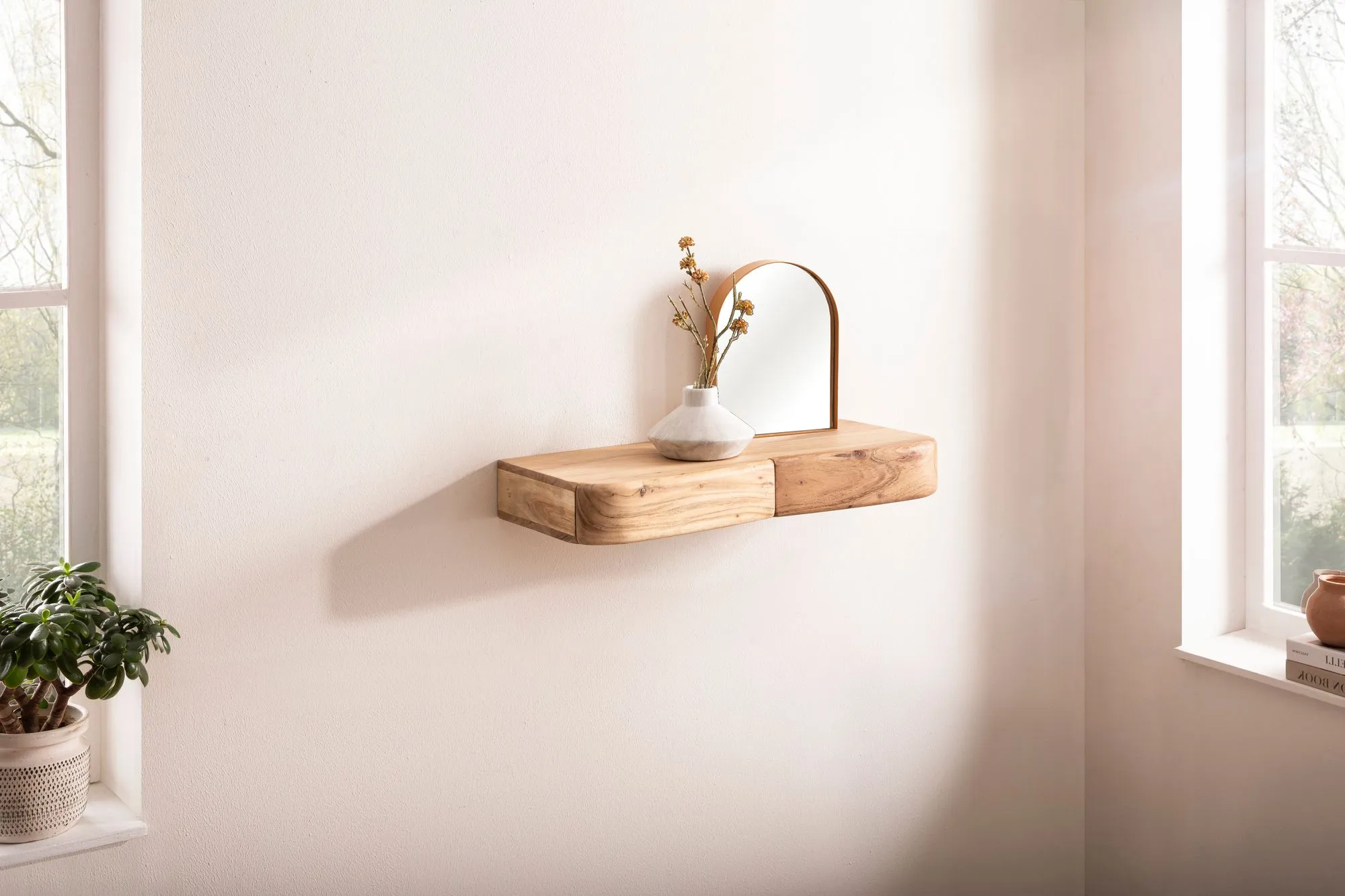 Wandregal Akazie Massivholz 60cm mit zwei Schubladen - Design Regal für die Wand - Holz Wandboard mit Stauraum - Schwebendes Hängeregal aus Echtholz