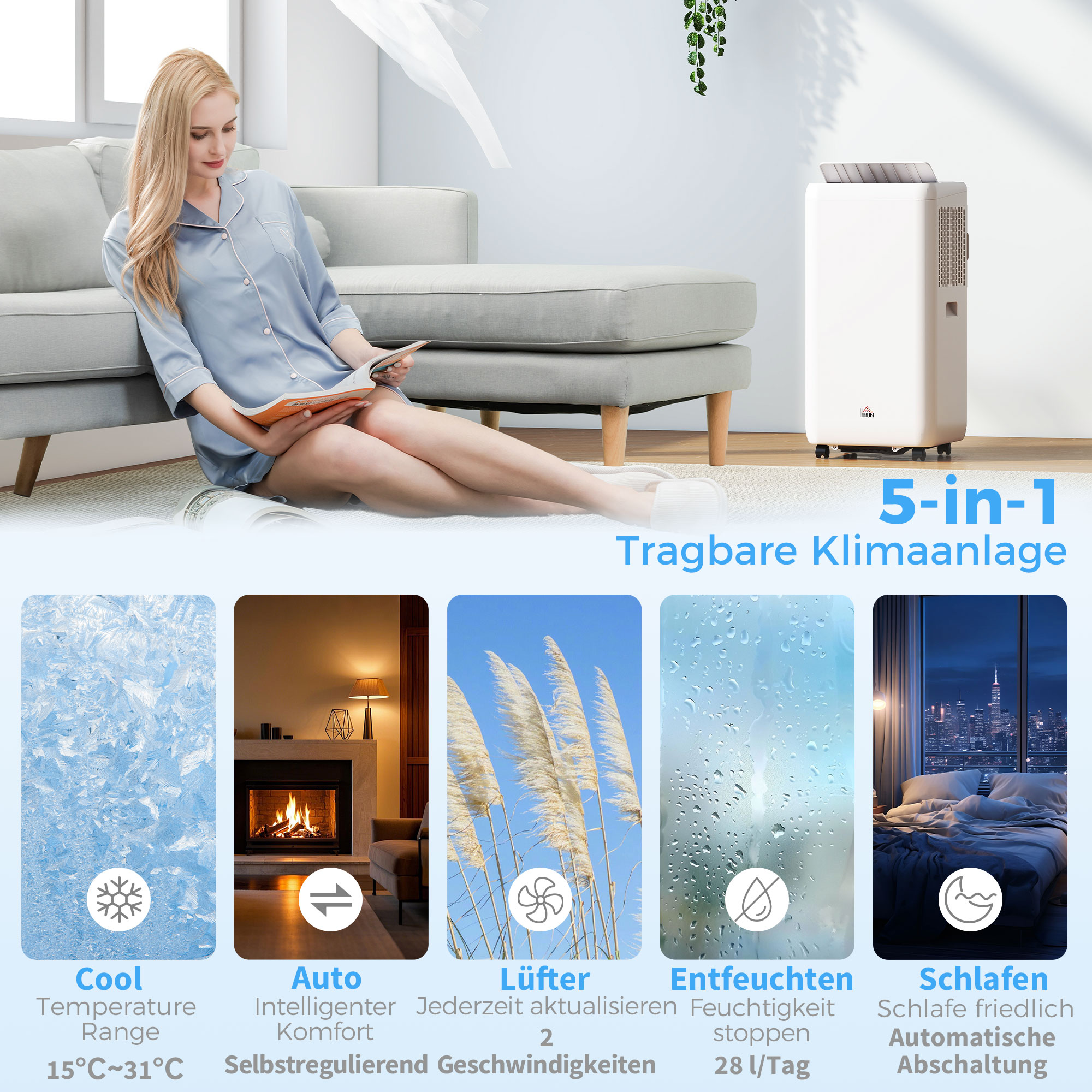 Mobiles Klimagerät mit Abluftschlauch 12000 BTU 3,5 kW, 5-in-1, 24h-Timer, Fernbedienung bis 35㎡