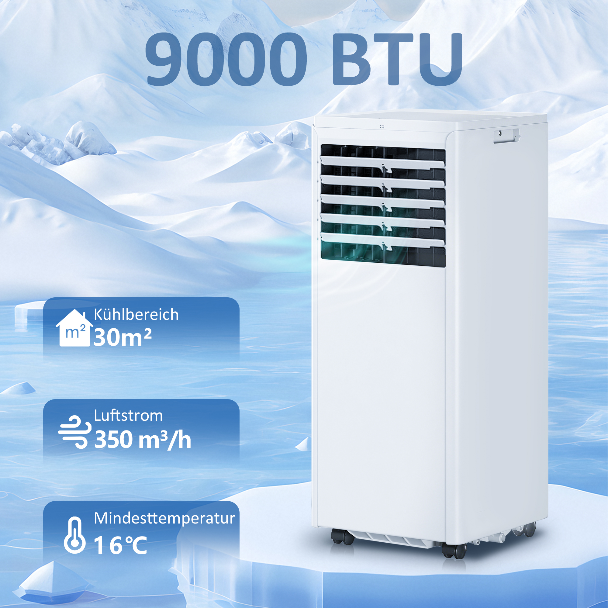 Tragbares Klimagerät 9000 BTU, 4-in-1 mit Kühlung, Entfeuchter, Ventilator, Schlafmodus