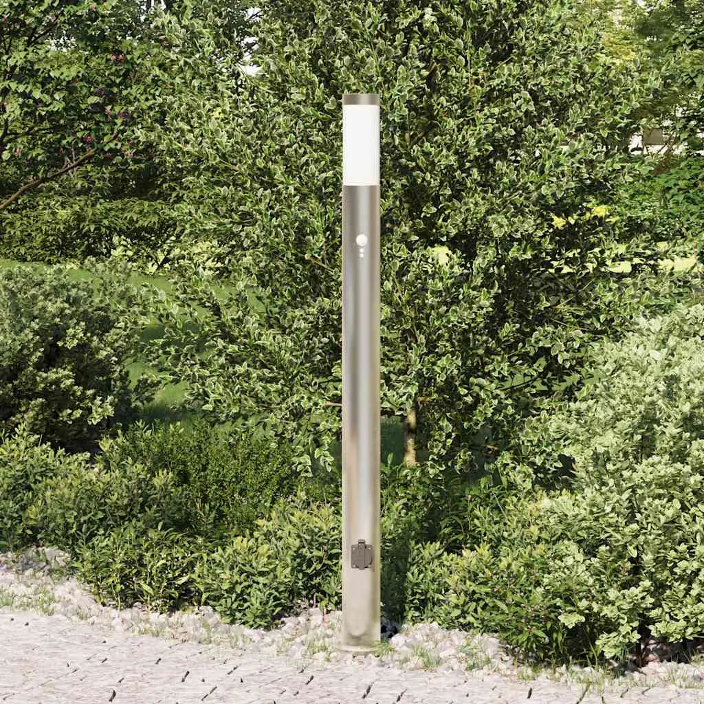 Silberne Edelstahl Pollerleuchte 11x110 cm mit Bewegungssensor und Steckdose