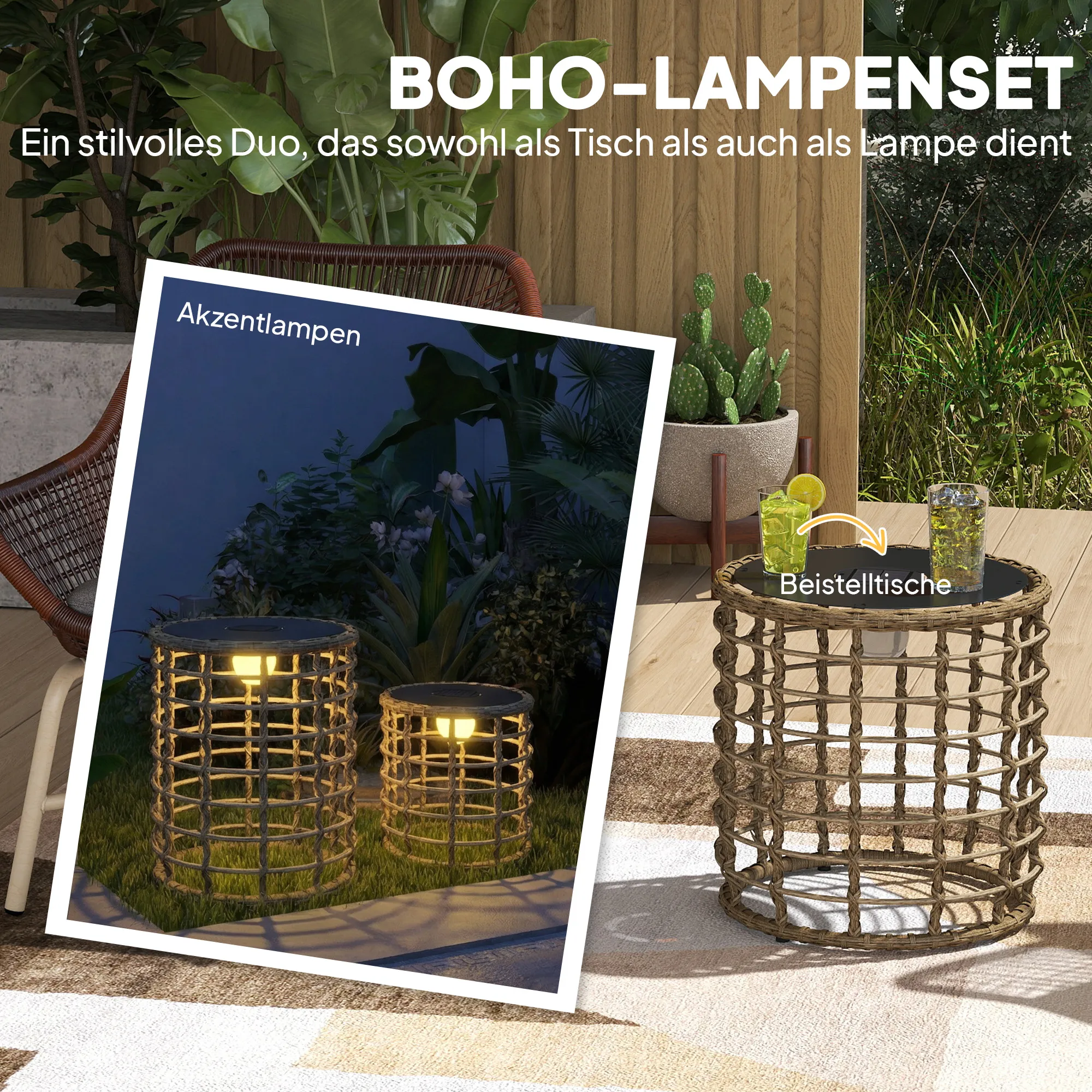 Solar Stehlampe 2er Set Rattan Boho-Stil Sand Schwarz IP44