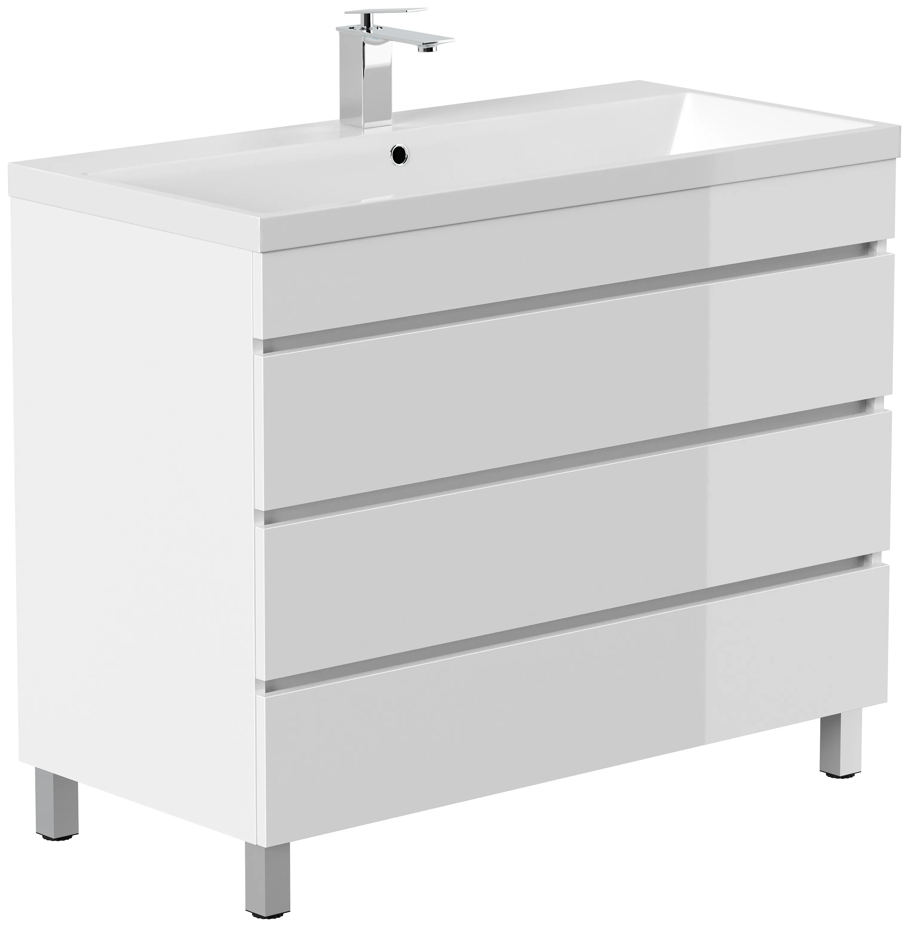 Stand Badmöbel Fellini 100 weiss hochglanz mit drei grifflosen Schubladen