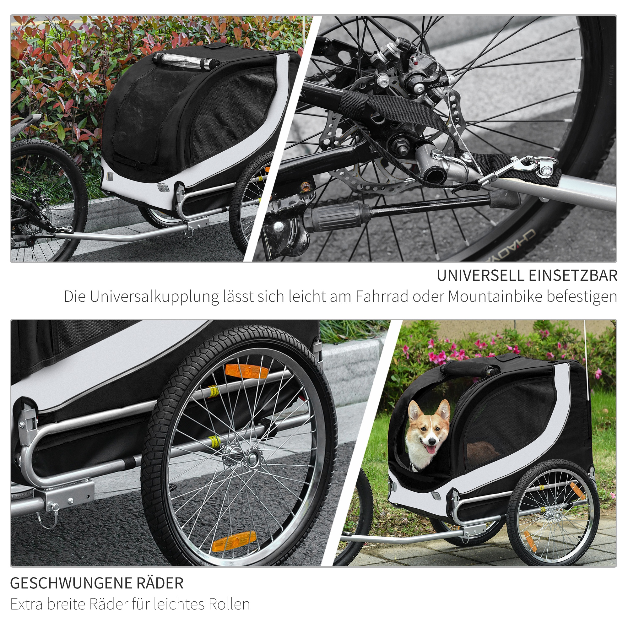 Hundeanhänger für Fahrrad bis 20kg mit Universalkupplung Weiß-Schwarz