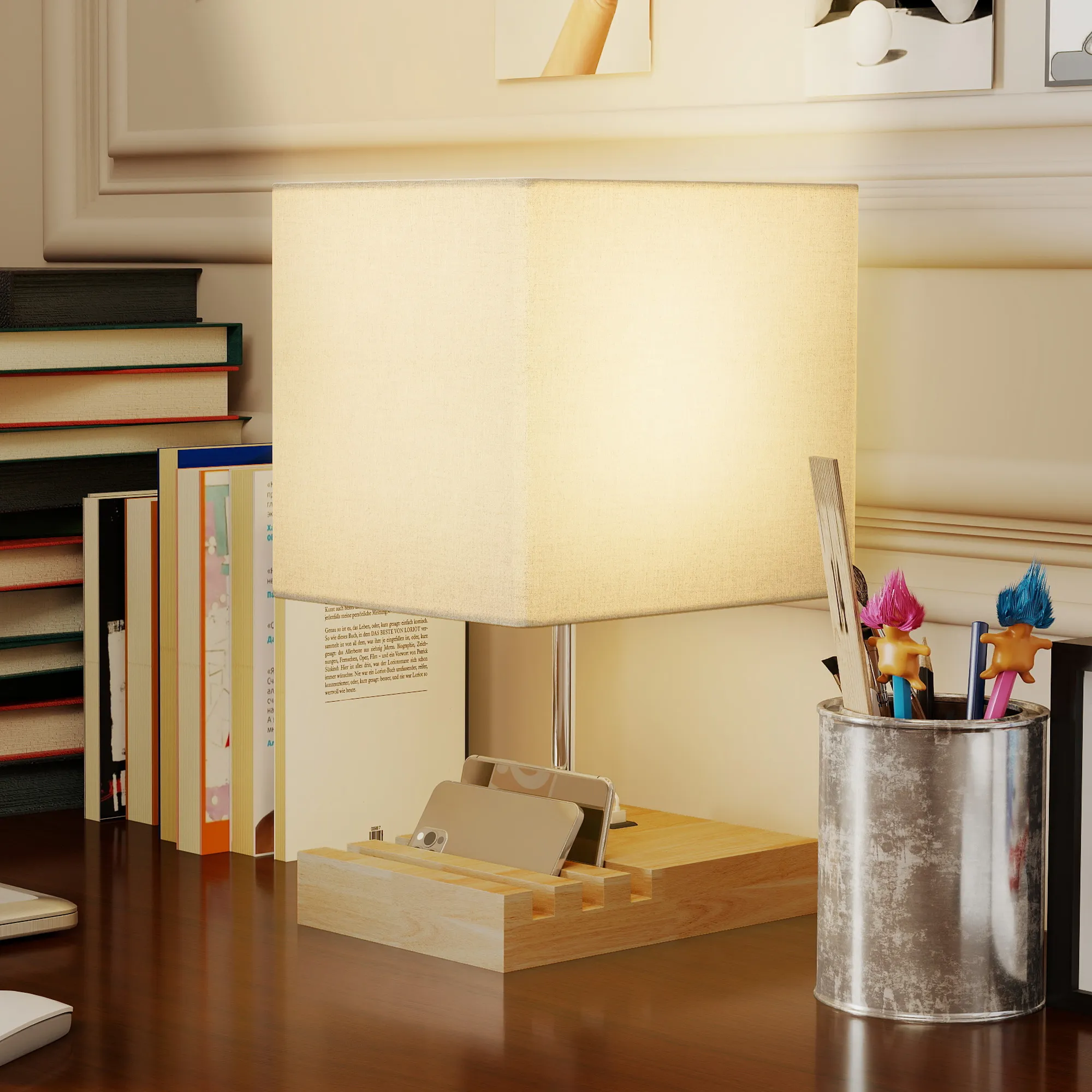 Nachttischlampe mit USB-A/C Ports, Holz & Stoff, Weiß, 40,5 cm