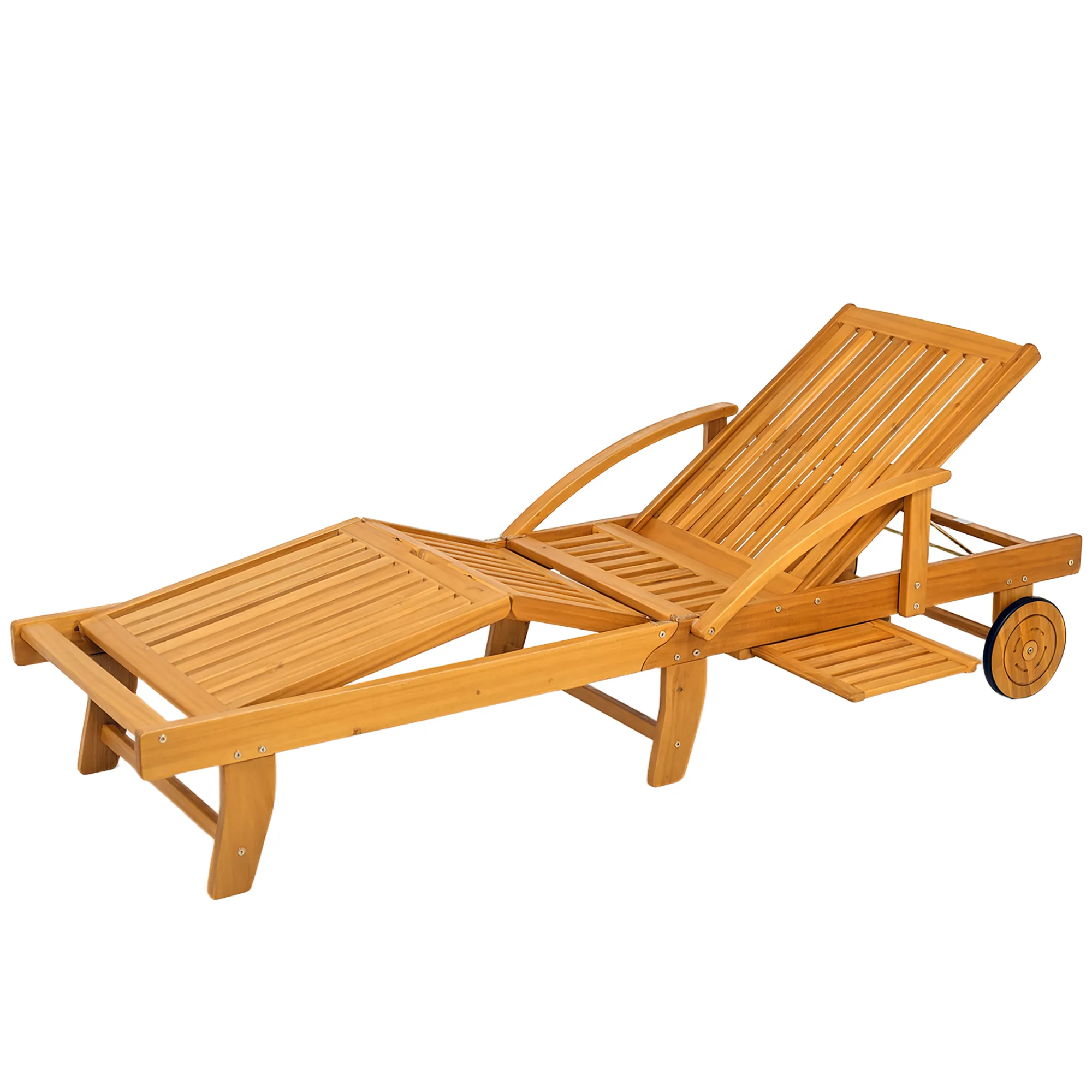 Sonnenliege Holz klappbar Gartenliege mit Seitentisch, Rolle, 4-Fach verstellbare Rückenlehne Teak