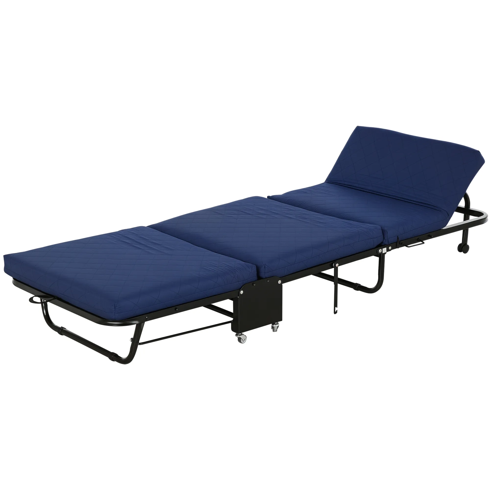 Klappbett 65x184 cm, Erwachsene Gästebett Klappbar mit 6 cm Dicker Schaumstoff, Reisebett mit Metallrahmen, Feldbett mit Rollen und höhenverstellbarem Kopfteil, bis 120 kg belastbar, Blau