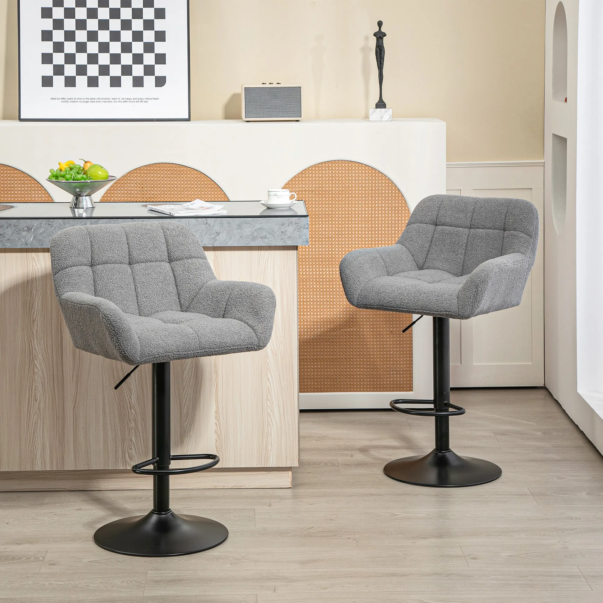 Barhocker 2er-Set Retro-Design höhenverstellbar Fleece-Optik Grau + Schwarz
