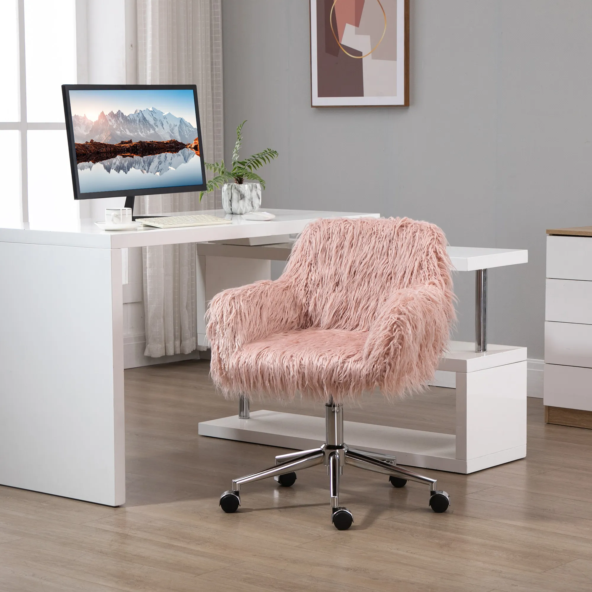 Chefsessel Drehstuhl Computerstuhl Schminkstuhl mit Kunstfell Sitzhöhenverstellung für Mädchen Kunstpelz Schaumstoff Rosa+Silber 57 x 60 x 75-85 cm