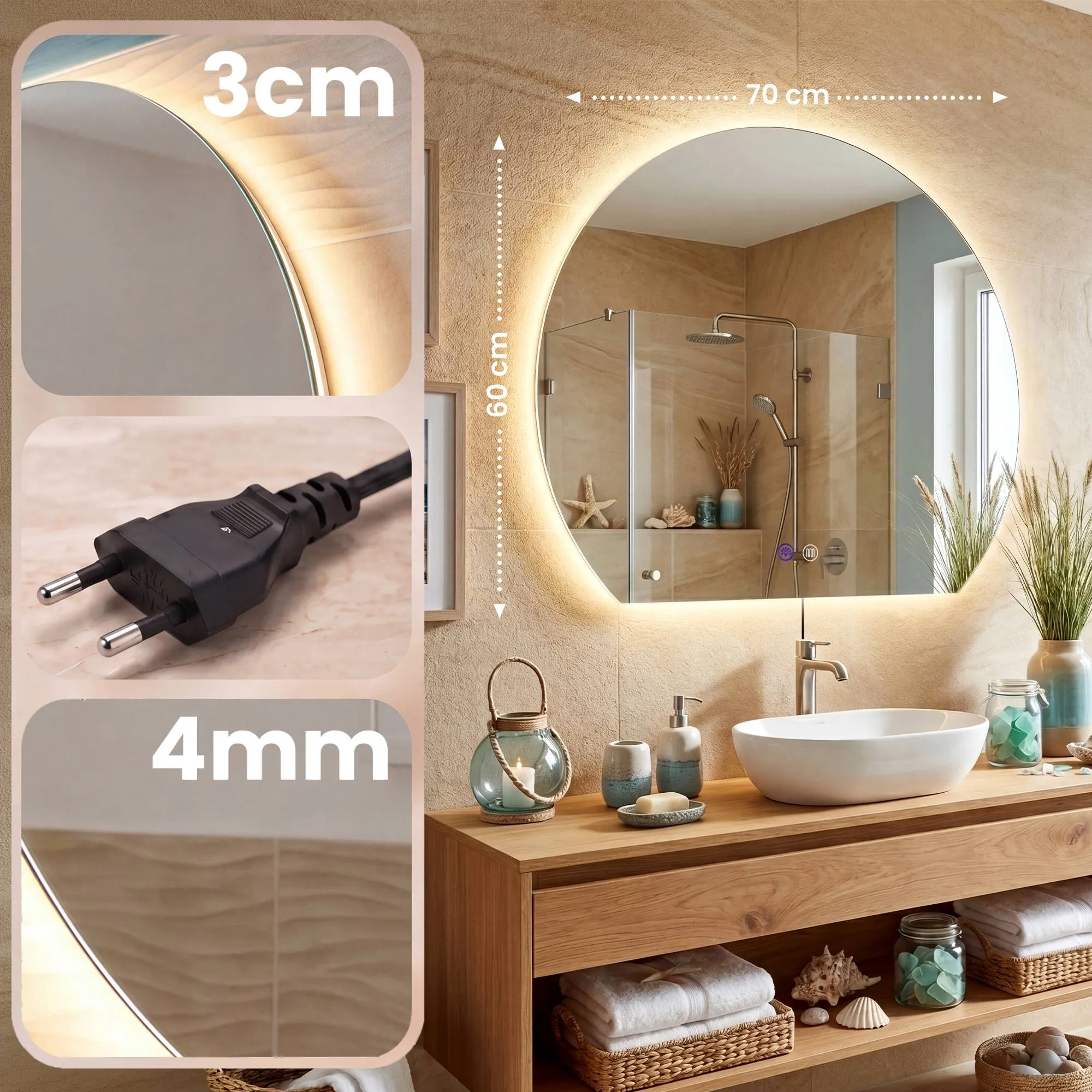 LED-Badspiegel Baloni 70x60 cm Klarglas