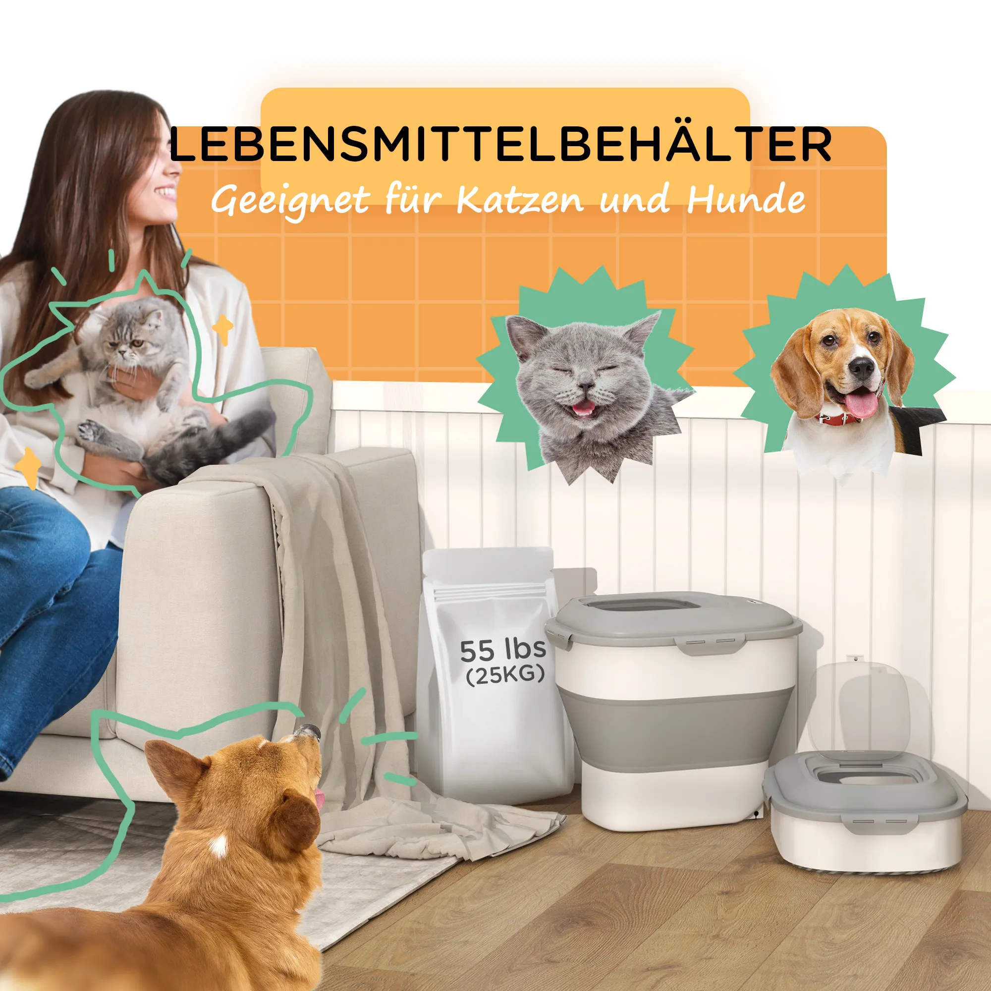 Hundefutter-Behälter 25L/5L Grau mit Rollen und Klappdeckel