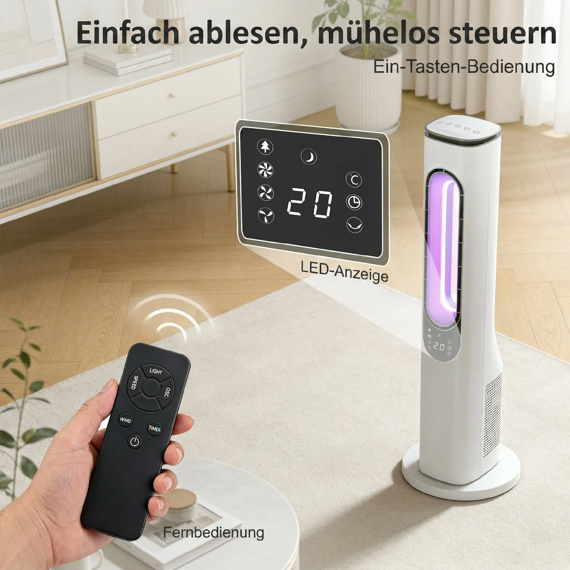 Rotorloser Turmventilator für Schlafzimmer, 35 dB leiser Standventilator mit 50° Oszillation, LED-Leuchten, 3 Geschwindigkeiten, 15-Stunden-Timer, Weiß