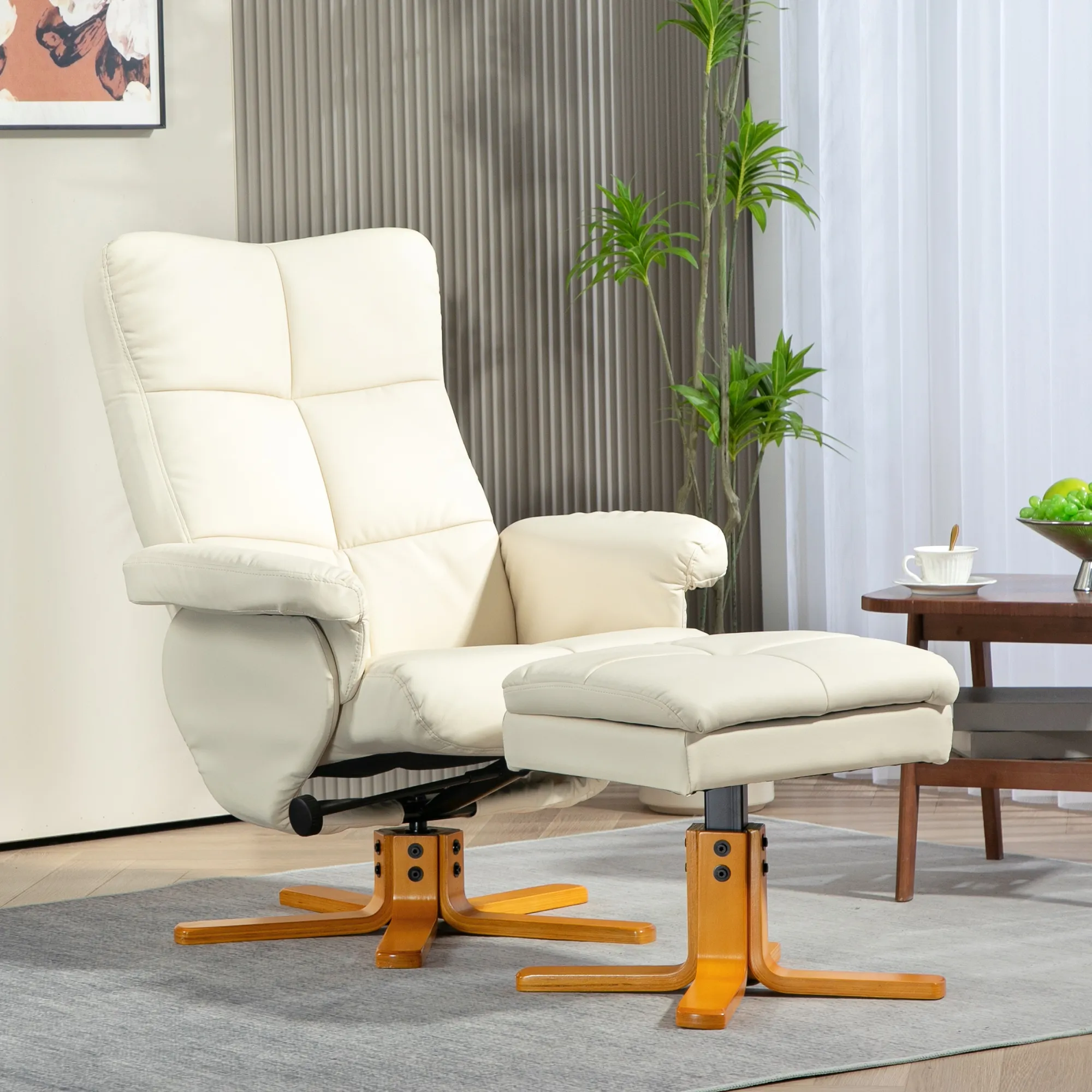 Relaxsessel mit Hocker, 145° neigbare Rückenlehne, 360° drehbar, Kunstleder, Cremeweiß