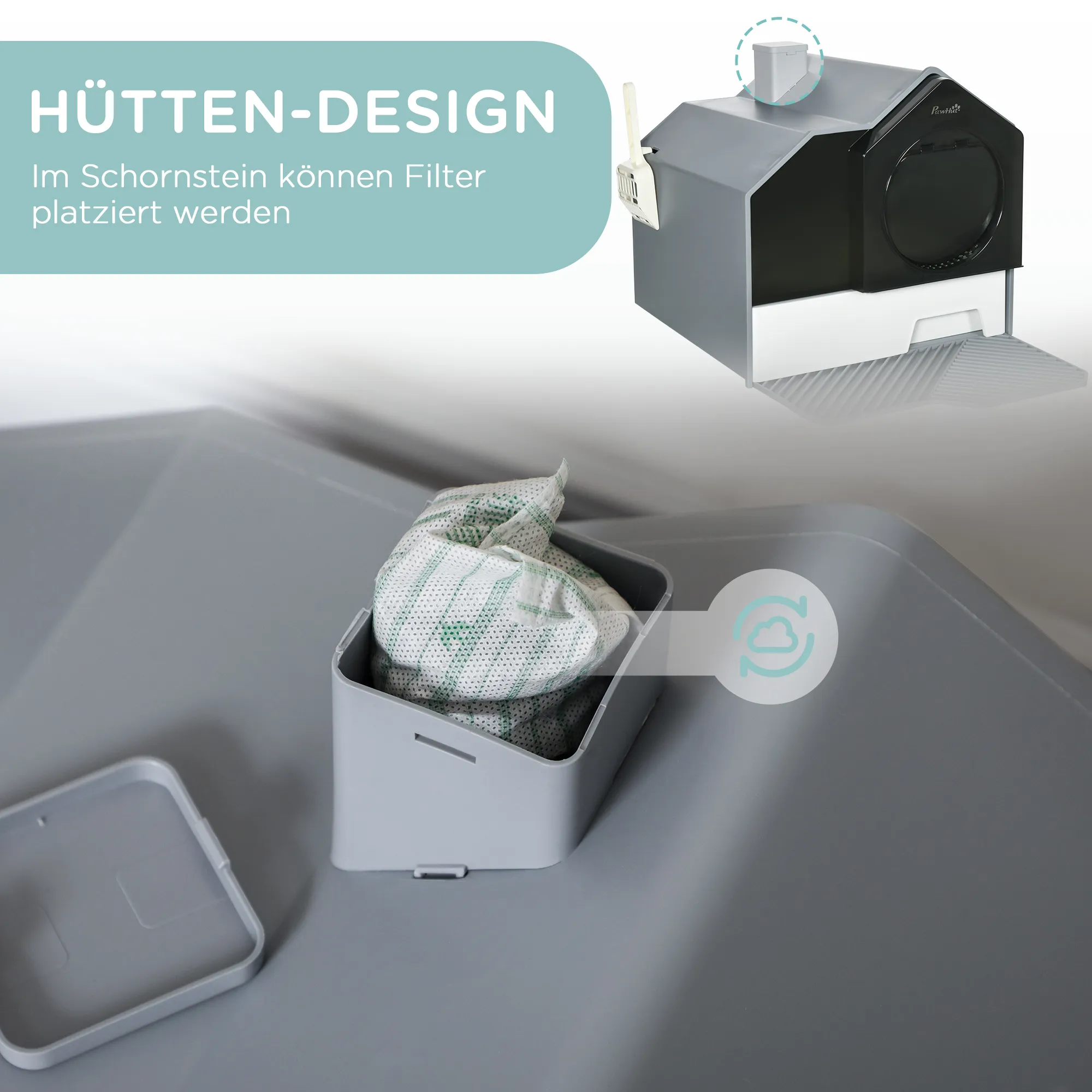 Katzentoilette Grau 47L x 45B x 42H cm im Hüttendesign