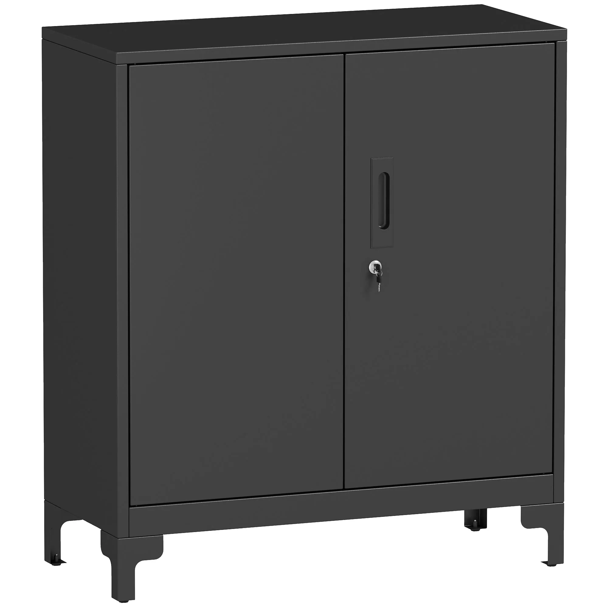 Büroschrank aus Metall, verschließbare Türen, Bürokommode, 2-stufiges Design, Schwarz
