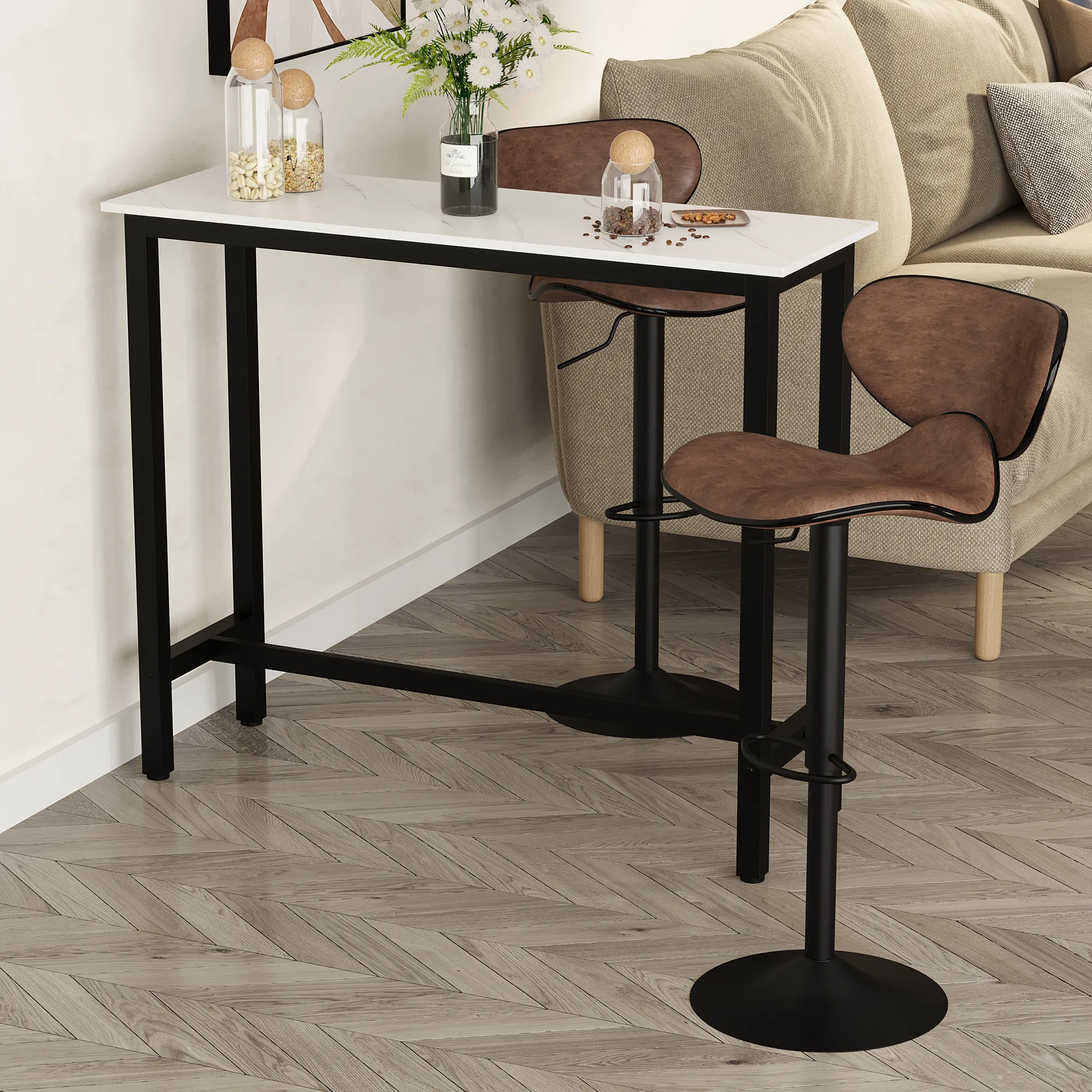Bartisch 120x40x100 cm in Weiß und Schwarz mit Marmoroptik