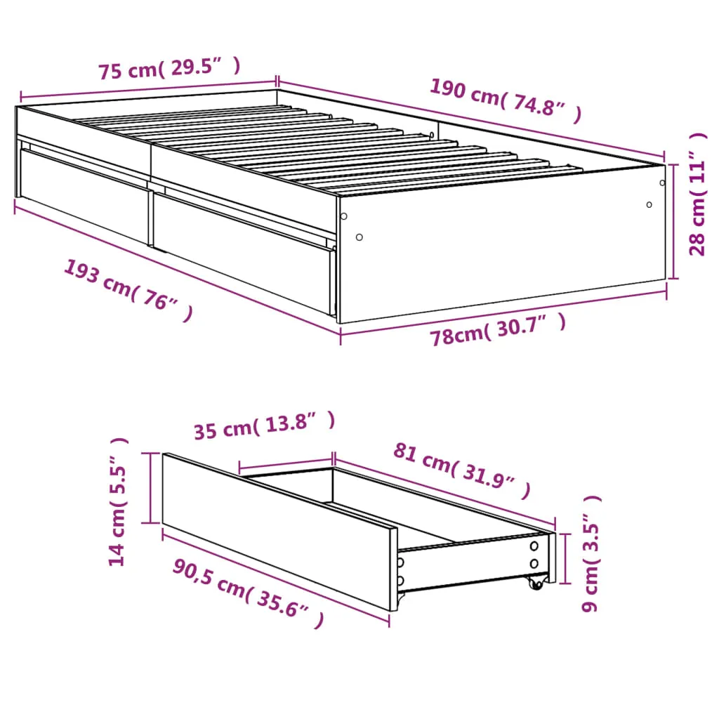 Bettgestell mit Schubladen 193x78x28 cm in Räuchereiche, Massivholz
