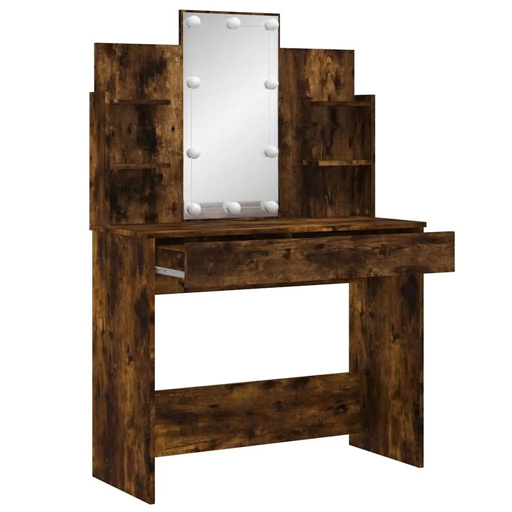 Schminktisch mit Spiegel und LED-Beleuchtung 96x40x142 cm Räuchereiche