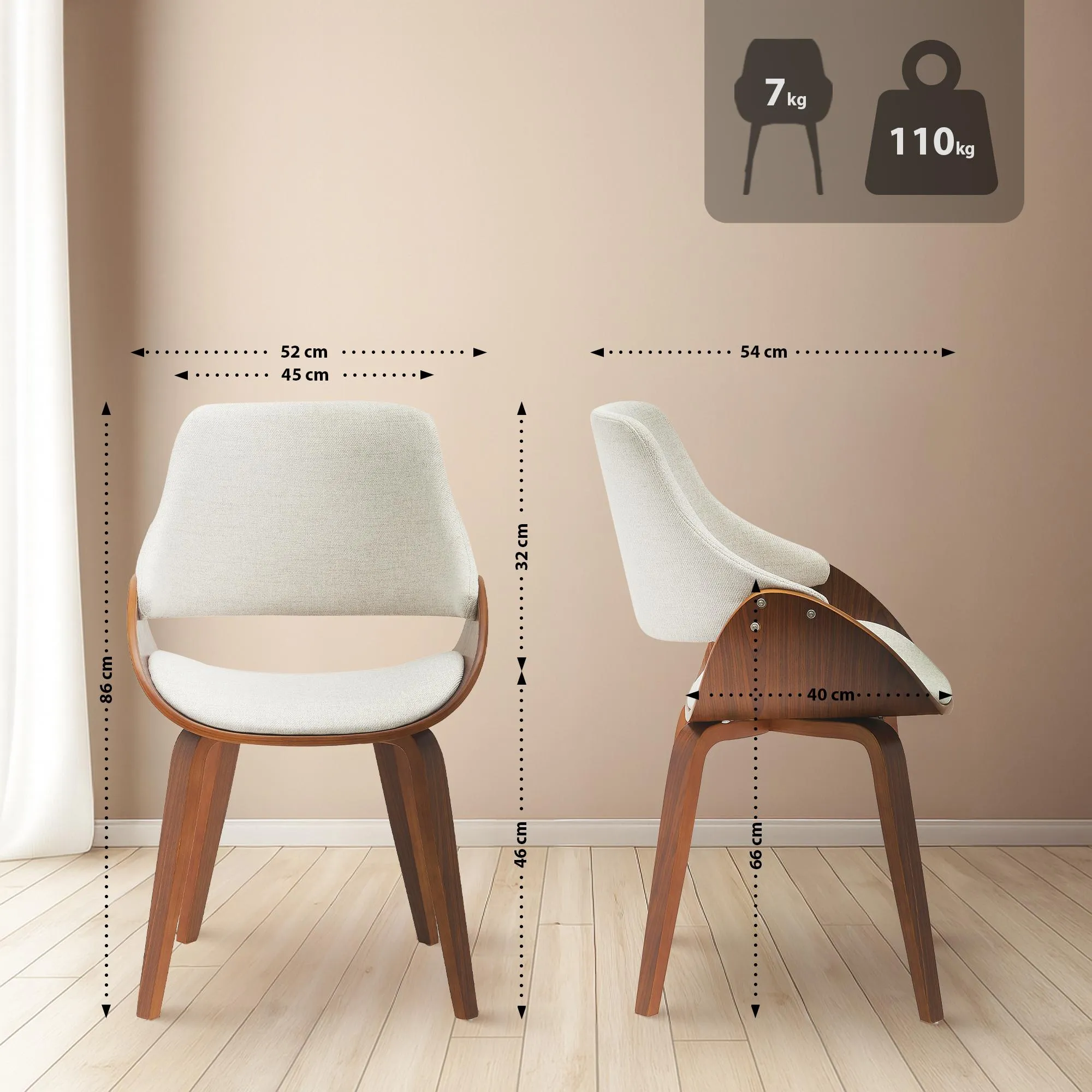 Esszimmerstuhl Vangale 2er Set 86x52x54 cm walnuss/creme